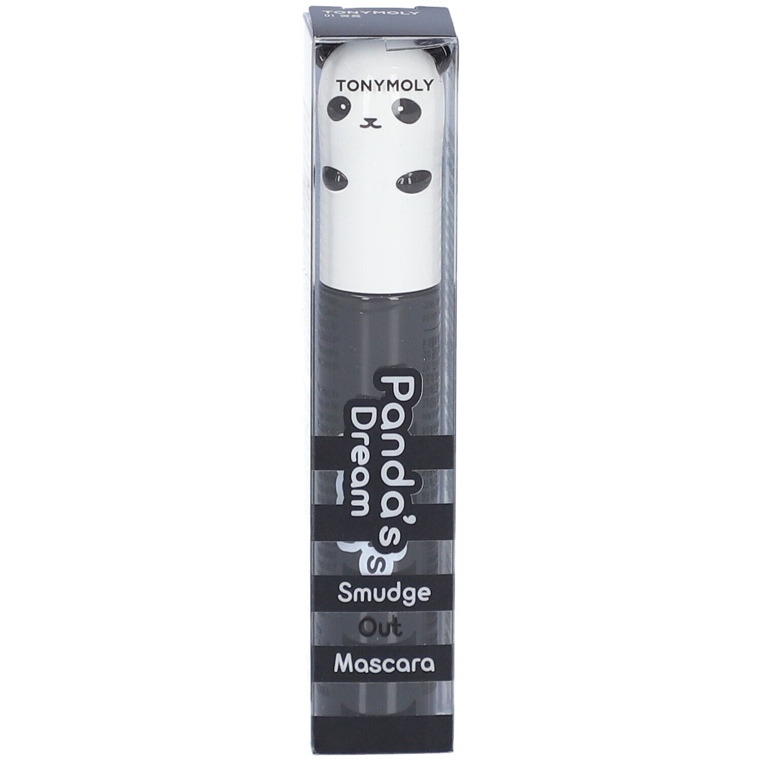 Mascara in verpakking. Zwart-wit ontwerp met panda-gezicht. Opschrift: Panda's Dream Smudge Out Mascara.