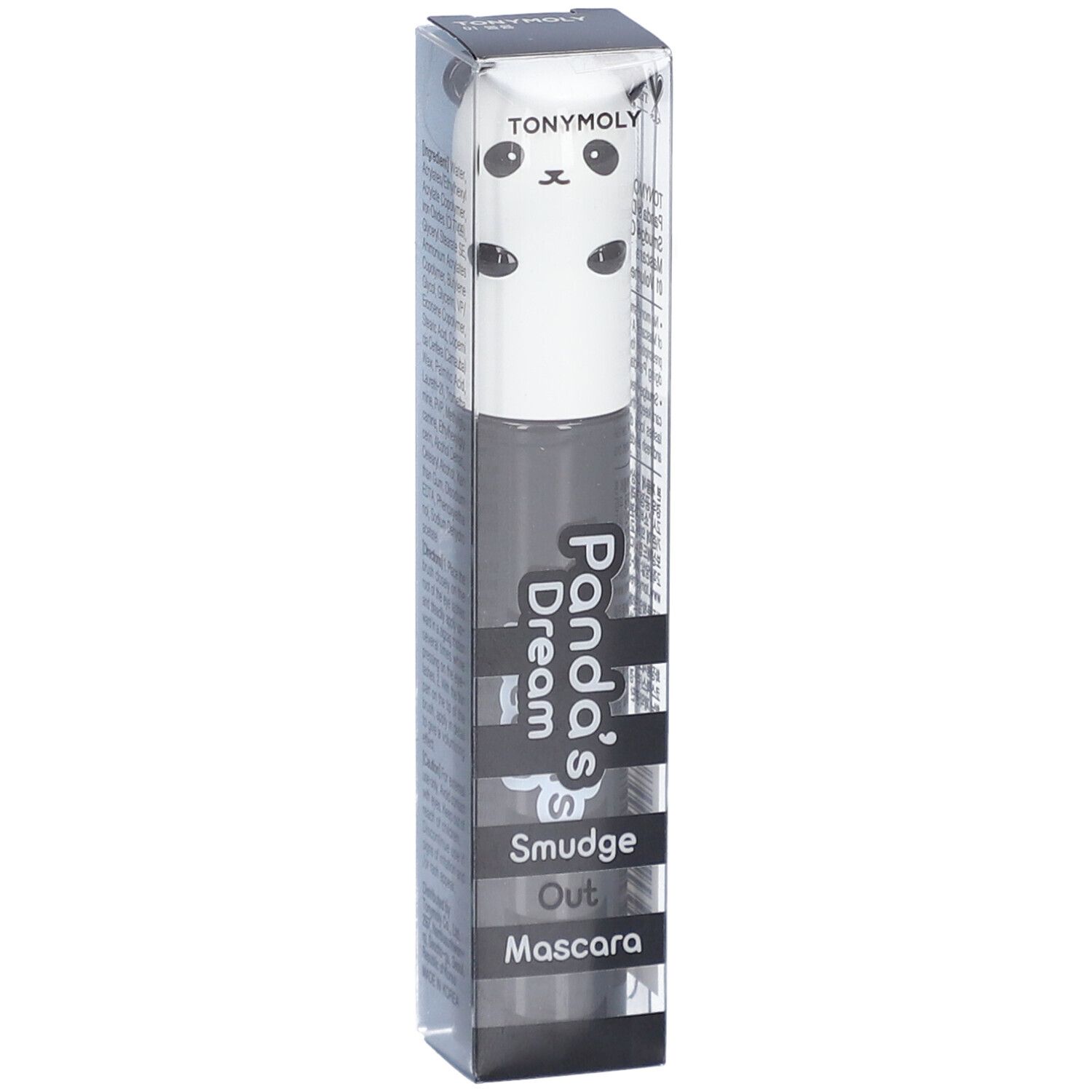 Mascara in verpakking. Zwart-wit ontwerp met panda-gezicht. Opschrift: Panda's Dream Smudge Out Mascara.