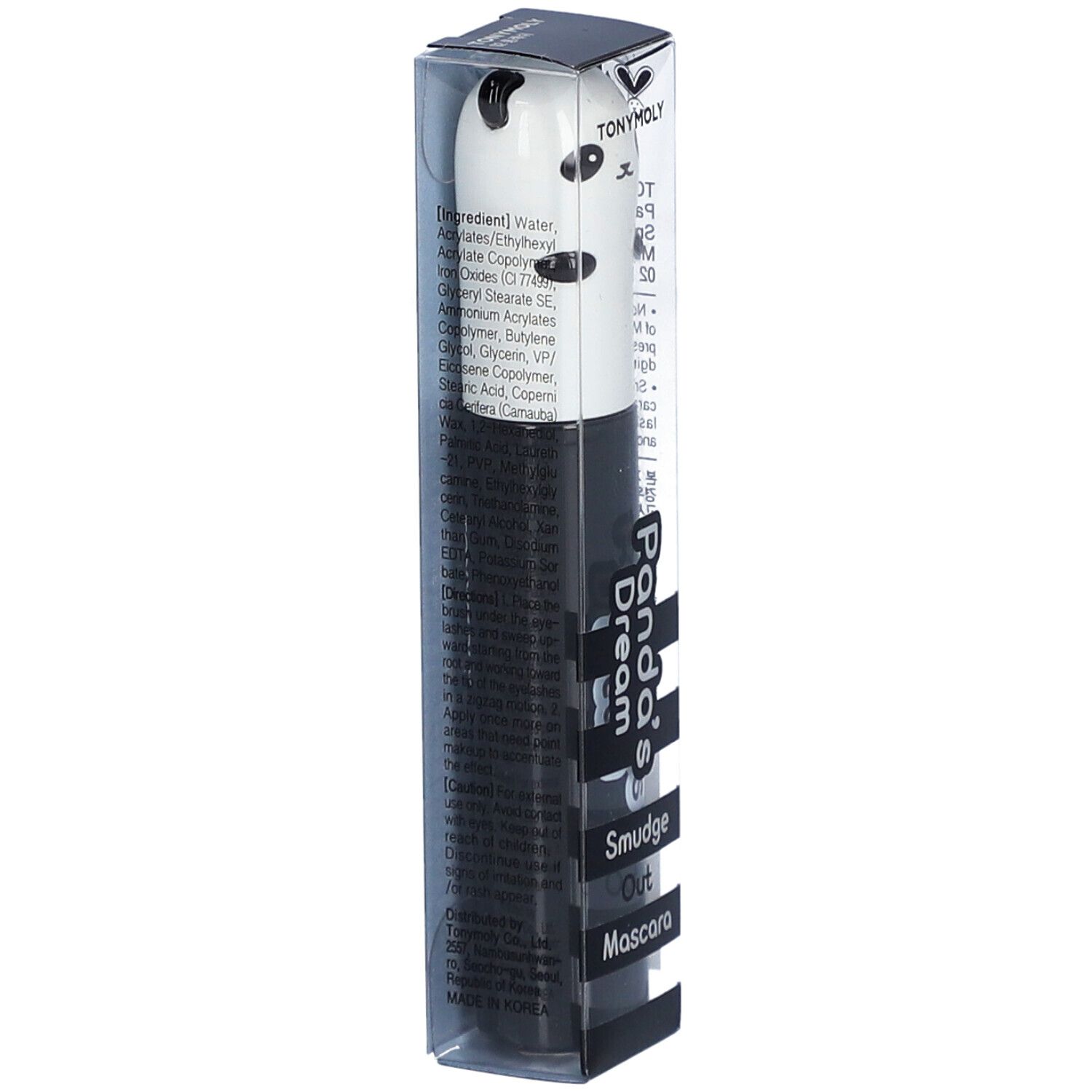 Mascara in verpakking. Witte dop met panda gezicht. Zwarte mascara container. Productnaam: Panda's Dream Smudge Out Mascara. Transparante verpakking.