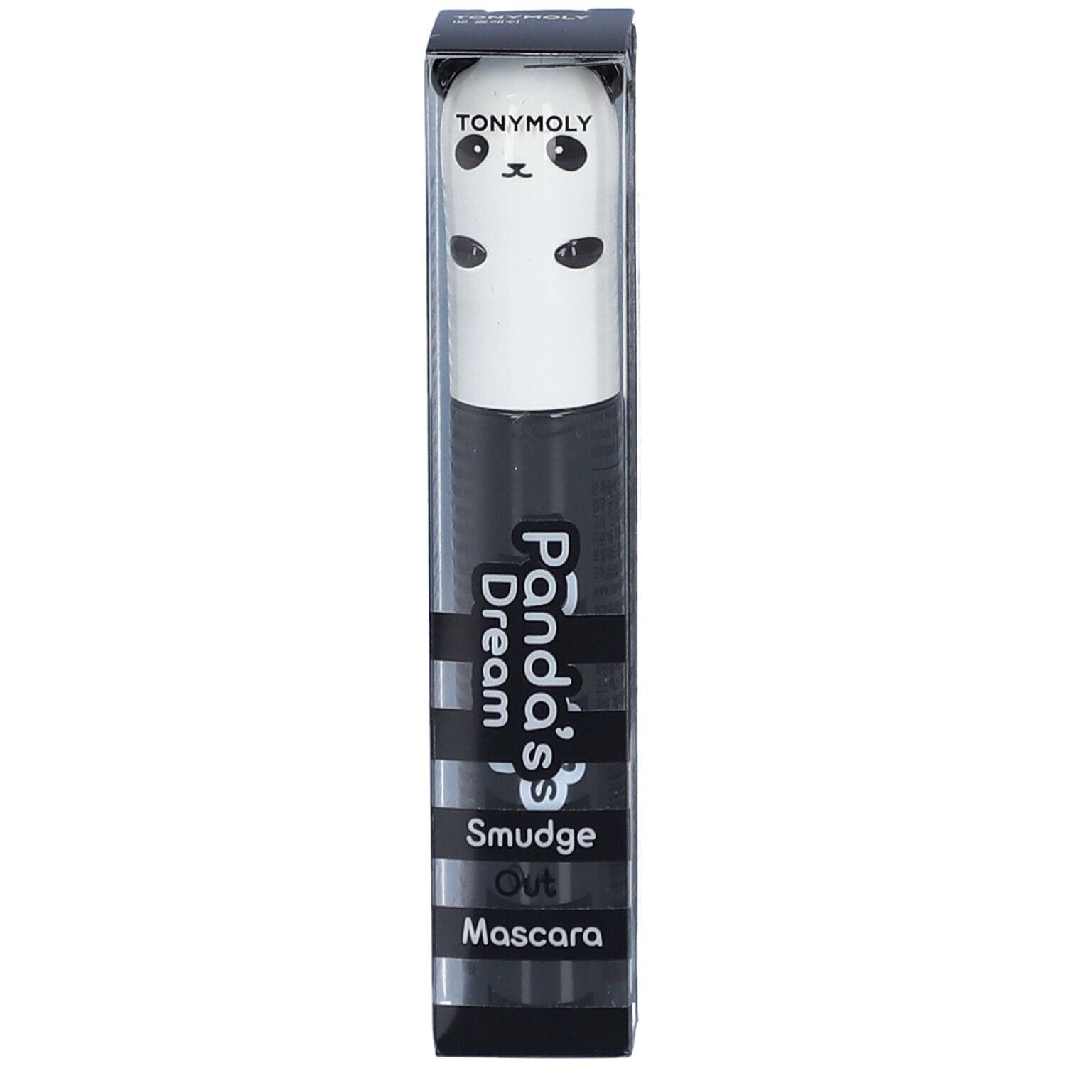 Mascara in verpakking. Witte dop met panda gezicht. Zwarte mascara container. Productnaam: Panda's Dream Smudge Out Mascara. Transparante verpakking.