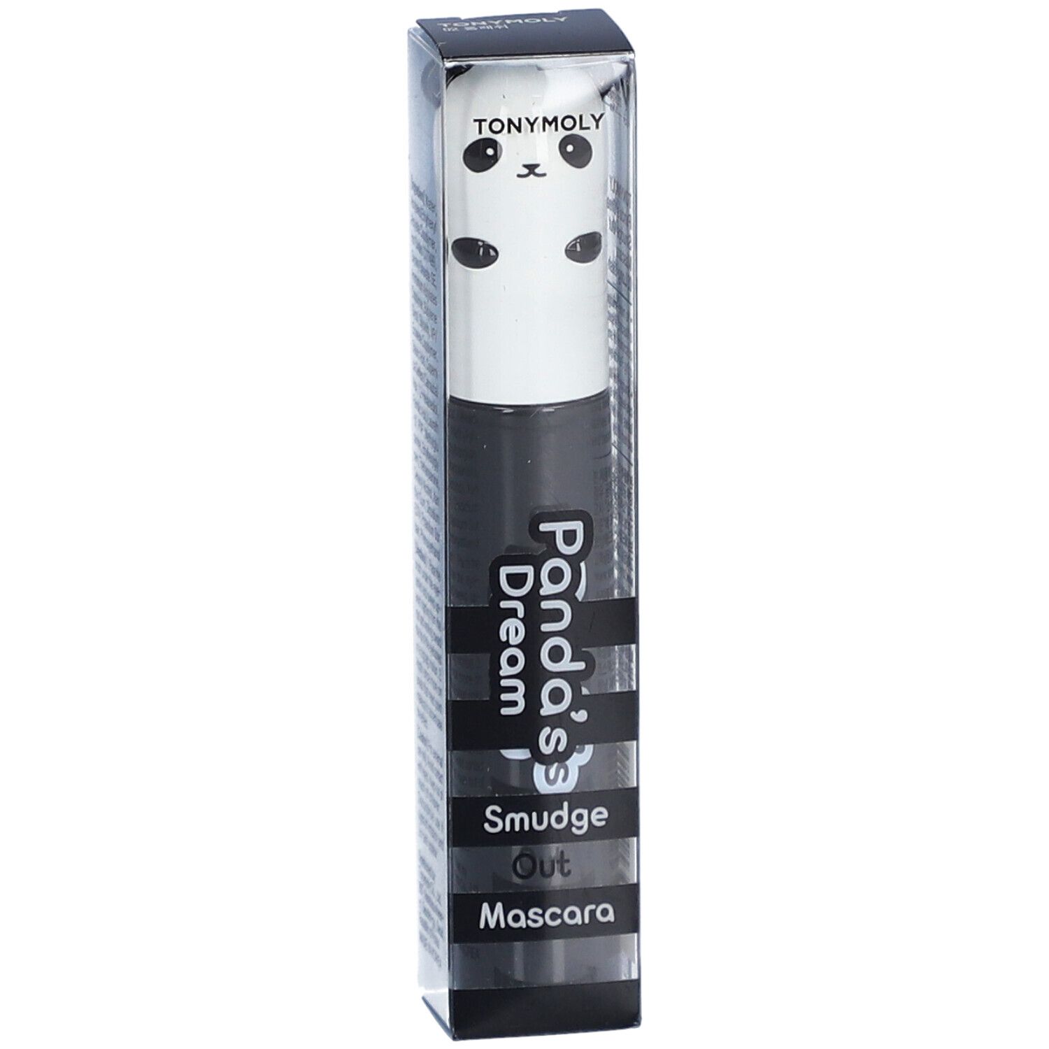 Mascara in verpakking. Witte dop met panda gezicht. Zwarte mascara container. Productnaam: Panda's Dream Smudge Out Mascara. Transparante verpakking.