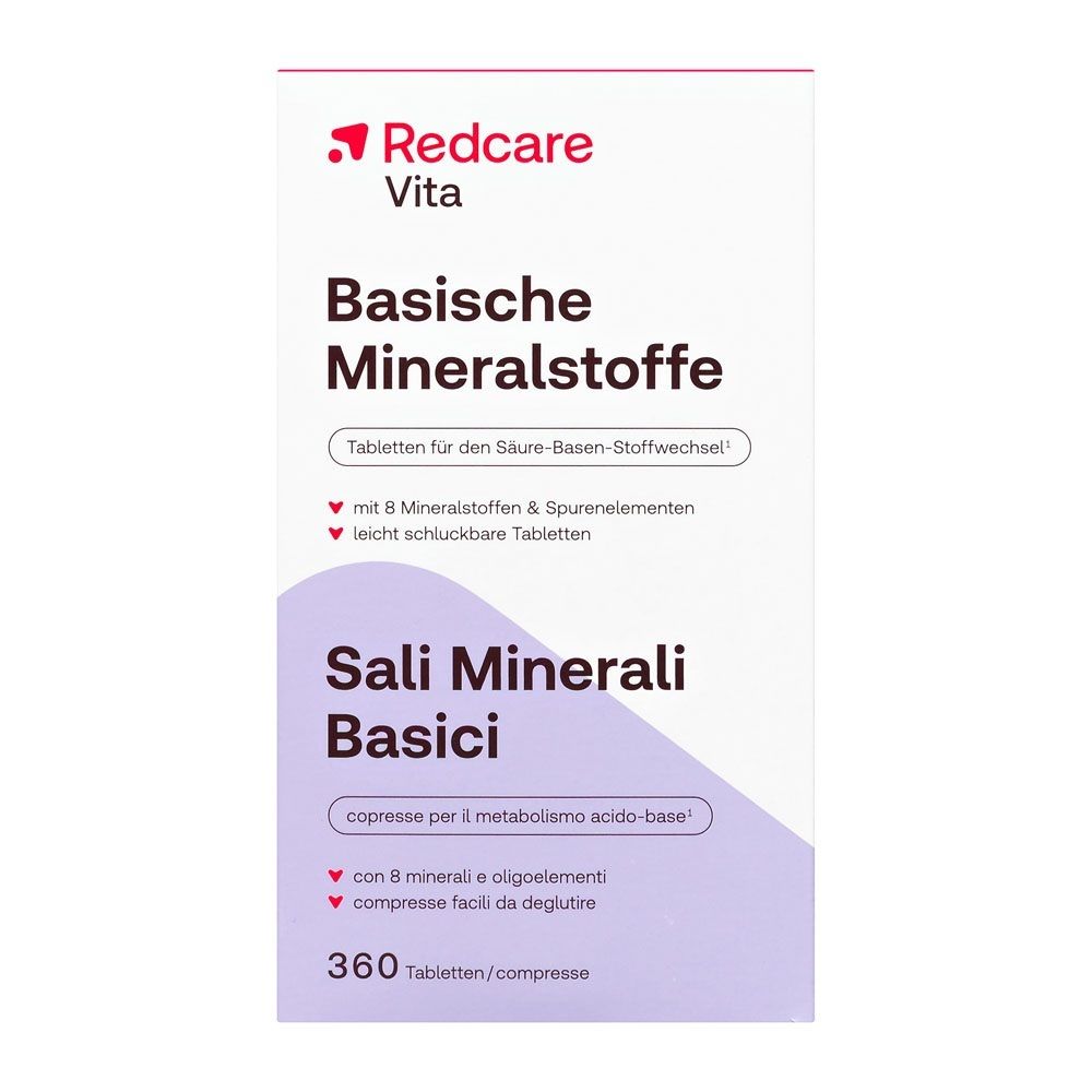 Verpakking Redcare Vita Basische Mineralstoffe met 360 tabletten, voor de zuur-base balans.