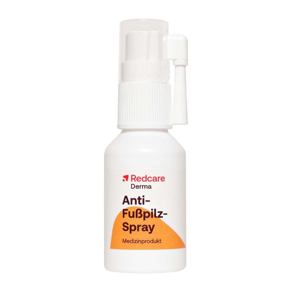 Flacon blanc Redcare Derma Anti-Fußpilz-Spray avec vaporisateur et étiquette orange. Produit médical.