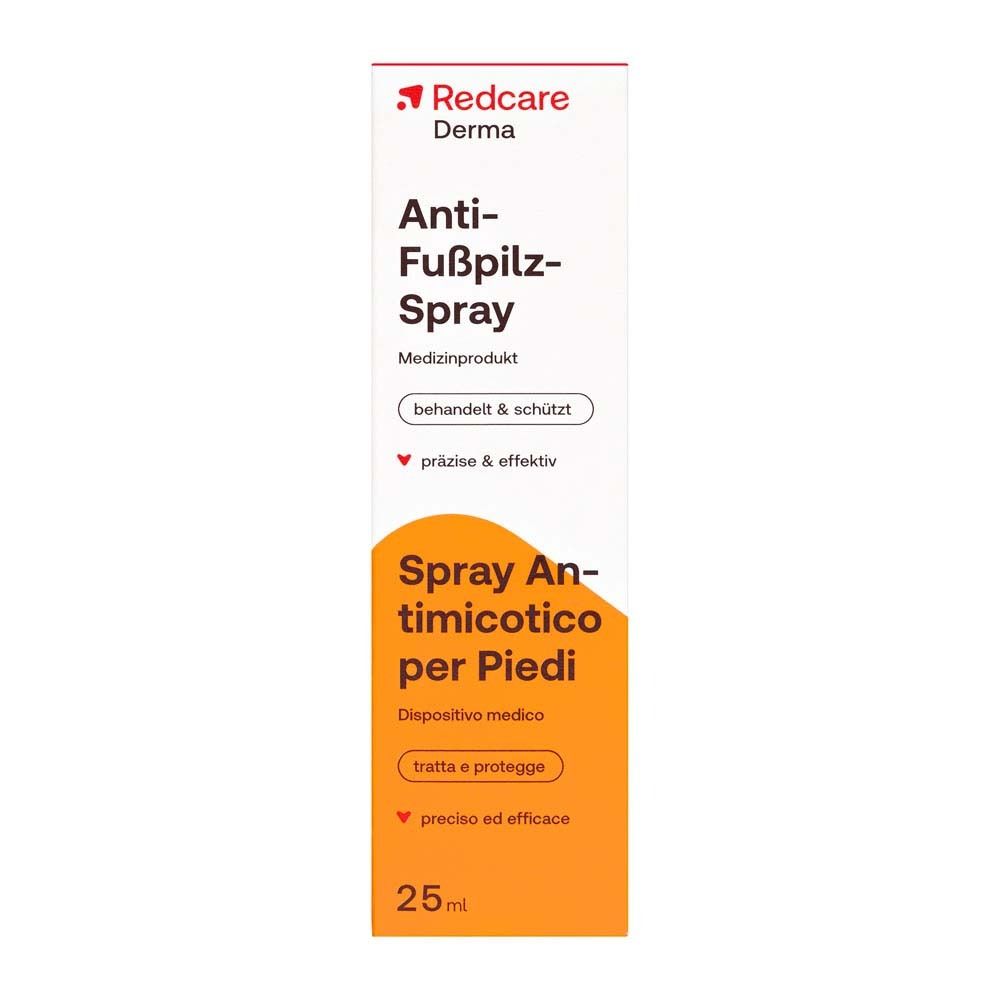 Boîte Redcare Derma Anti-Fußpilz-Spray. Blanche avec encart orange et nom du produit. Produit médical.