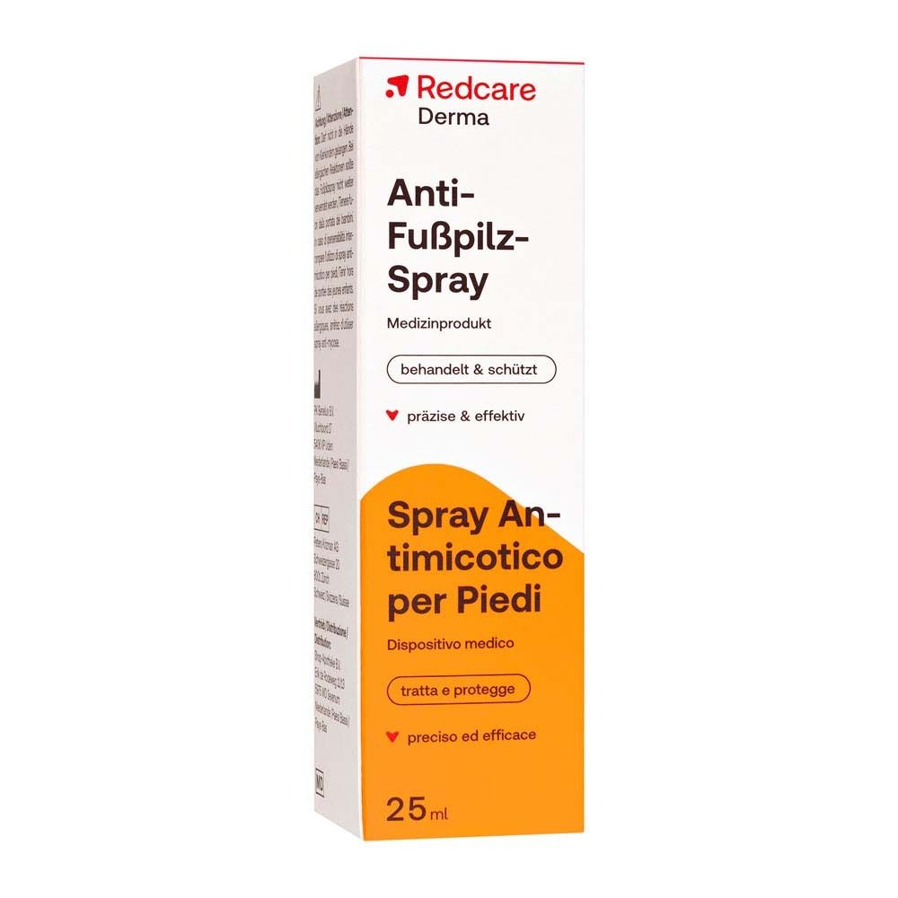 Boîte Redcare Derma Anti-Fußpilz-Spray. Blanche avec encart orange et nom du produit. Produit médical.