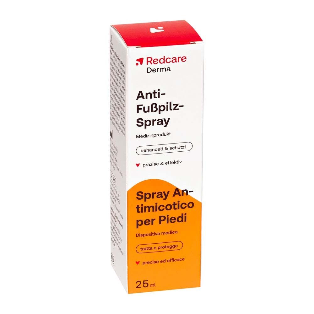 Boîte Redcare Derma Anti-Fußpilz-Spray. Blanche avec encart orange et nom du produit. Produit médical.