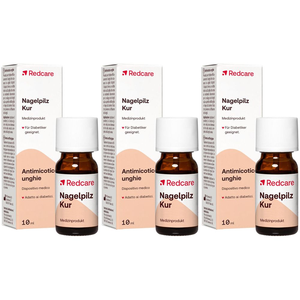 Trois flacons et emballages de Redcare Nagelpilz Kur. Flacons en verre brun, emballage blanc avec logo rouge et nom du produit.