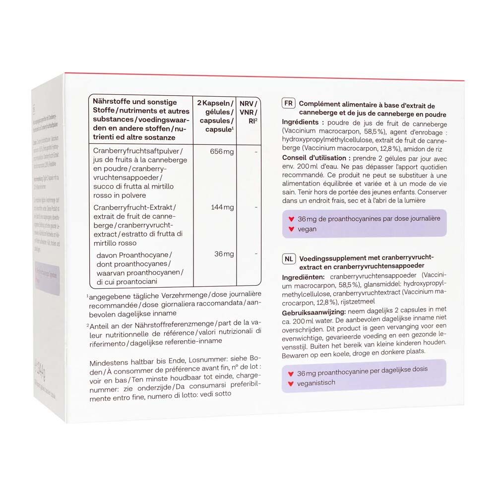 Achterkant verpakking Redcare Vita Cranberry. Informatie over ingrediënten en dosering.