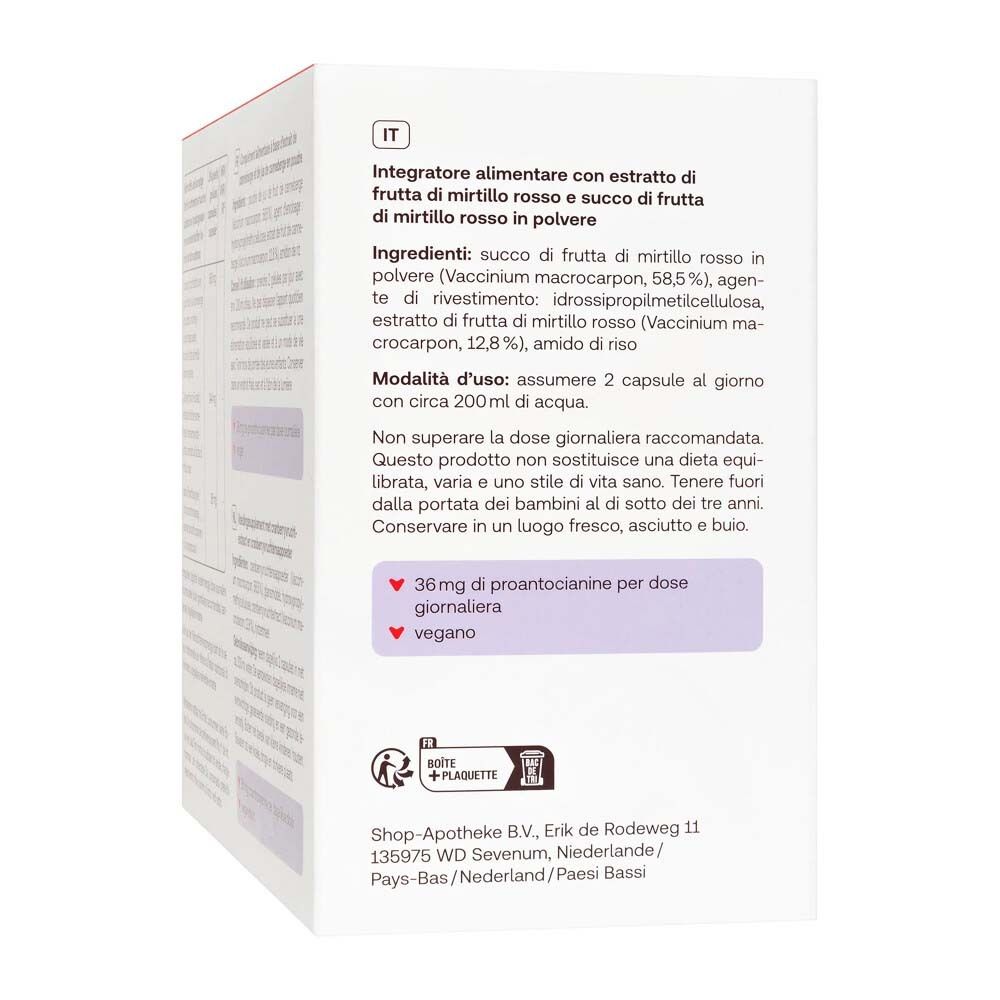 Achterkant verpakking Redcare Vita Cranberry. Informatie over ingrediënten en gebruik.