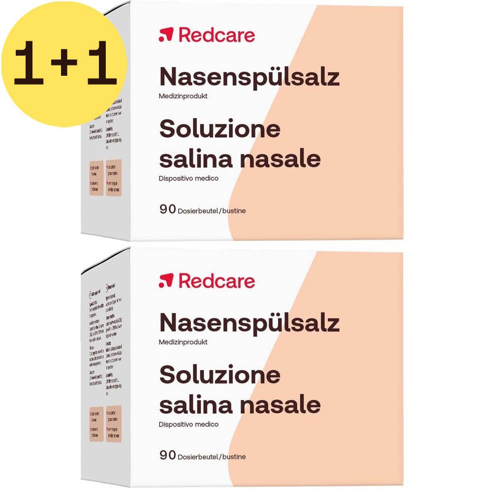 Twee verpakkingen Redcare Nasenspülsalz met 1+1 sticker. Opschrift: Nasenspülsalz, medisch product, 90 sachets.