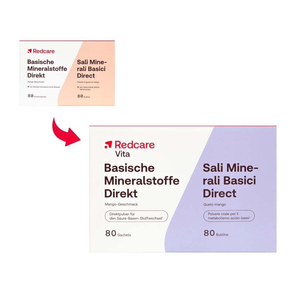 Verpakking Redcare Basische Mineralstoffe Direkt. Smaak mango, 80 sachets. Pijl.