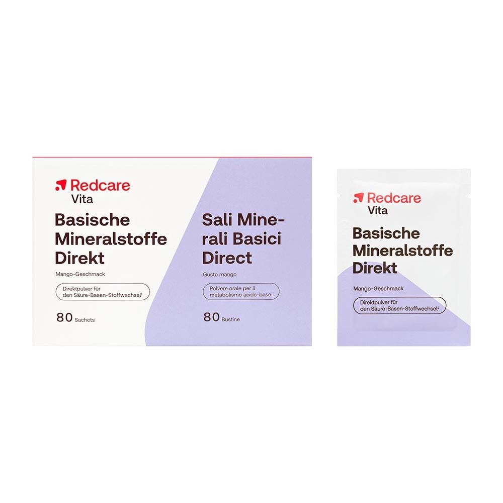Verpakking en sachet Redcare Basische Mineralstoffe Direkt. Smaak mango, 80 sachets.
