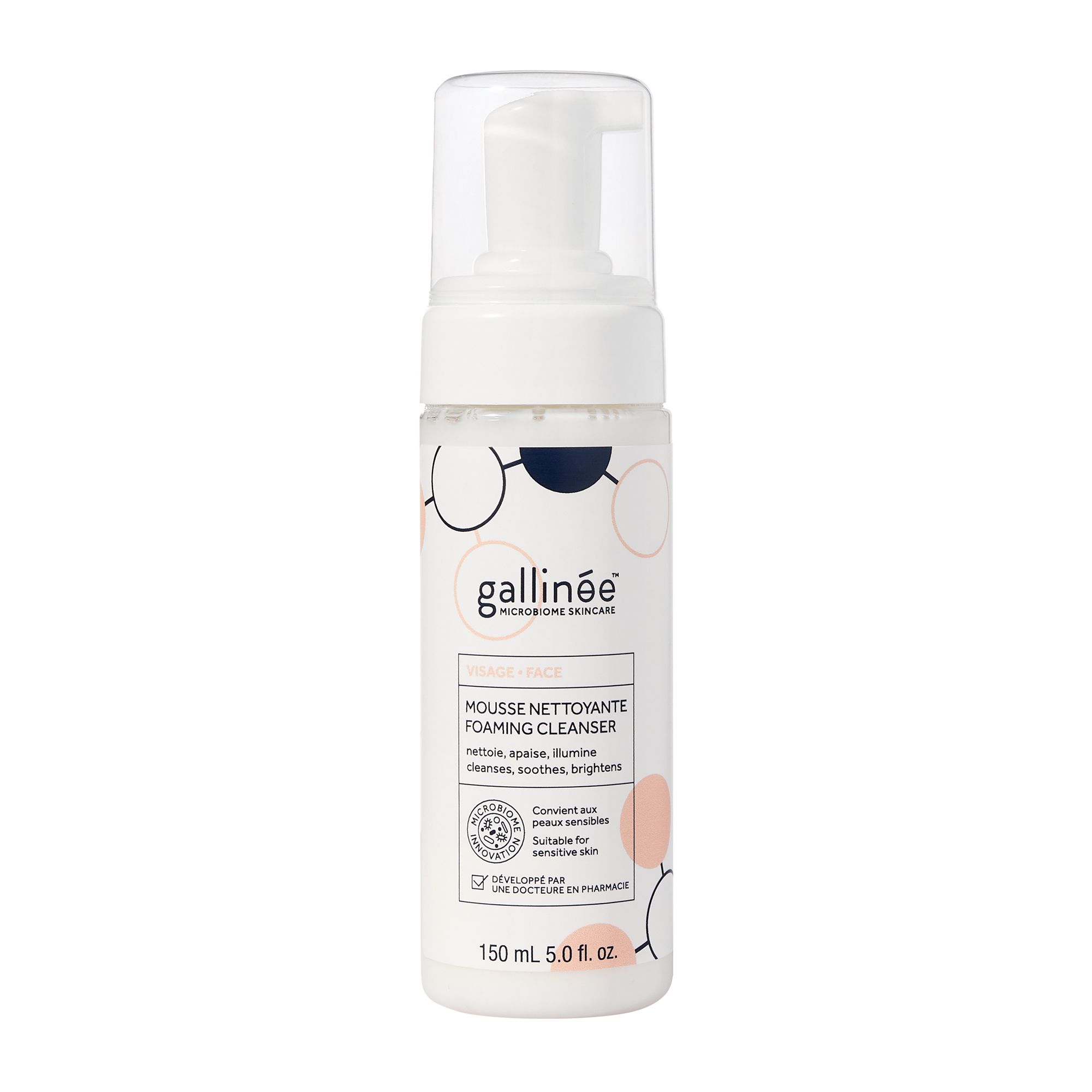 Flacon blanc avec pompe. Inscription: Gallinée, Foaming Cleanser. Graphiques roses et bleus.