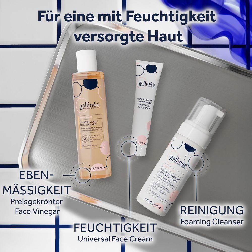 Drie Gallinée huidverzorgingsproducten: Face Vinegar, Universal Face Cream en Foaming Cleanser.