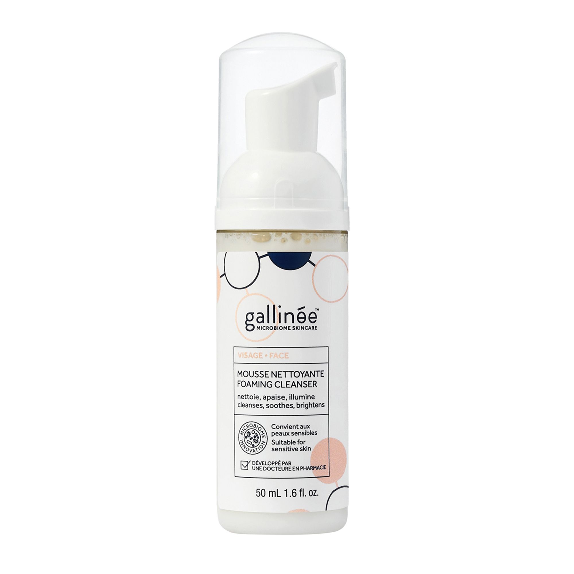 Flacon blanc avec pompe. Inscription: Gallinée, Mousse Nettoyante, 50 ml.
