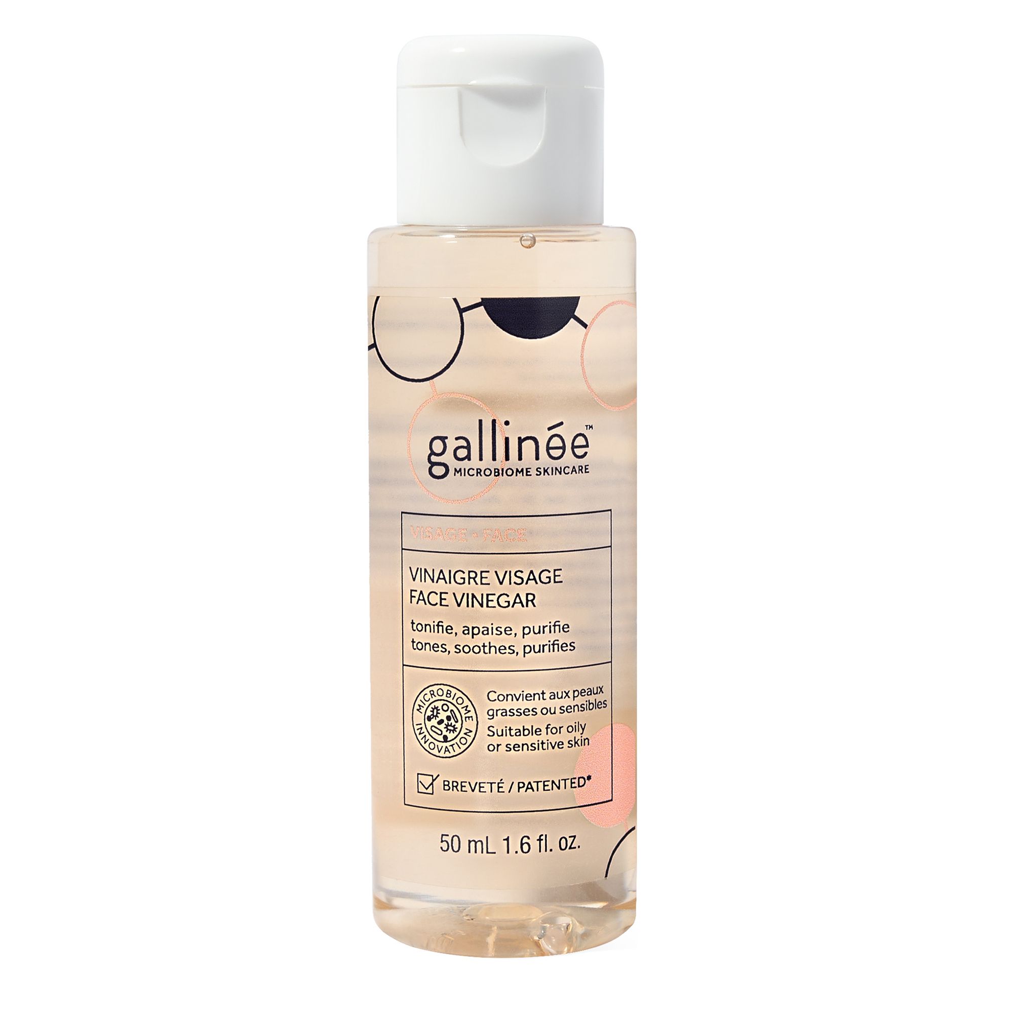 Gallinée Face Vinegar fles. Witte dop, transparante vloeistof. Tekst: Face Vinegar, 50 ml.