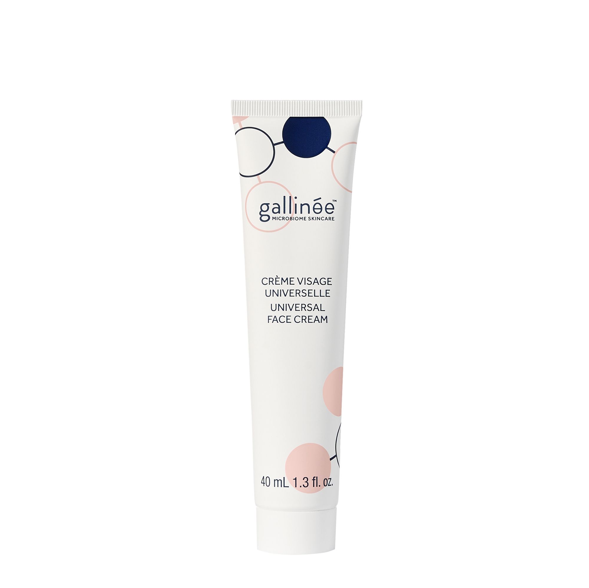 Witte tube met opdruk. Bevat crème. Tekst: Crème Visage Universelle, 40 ml.