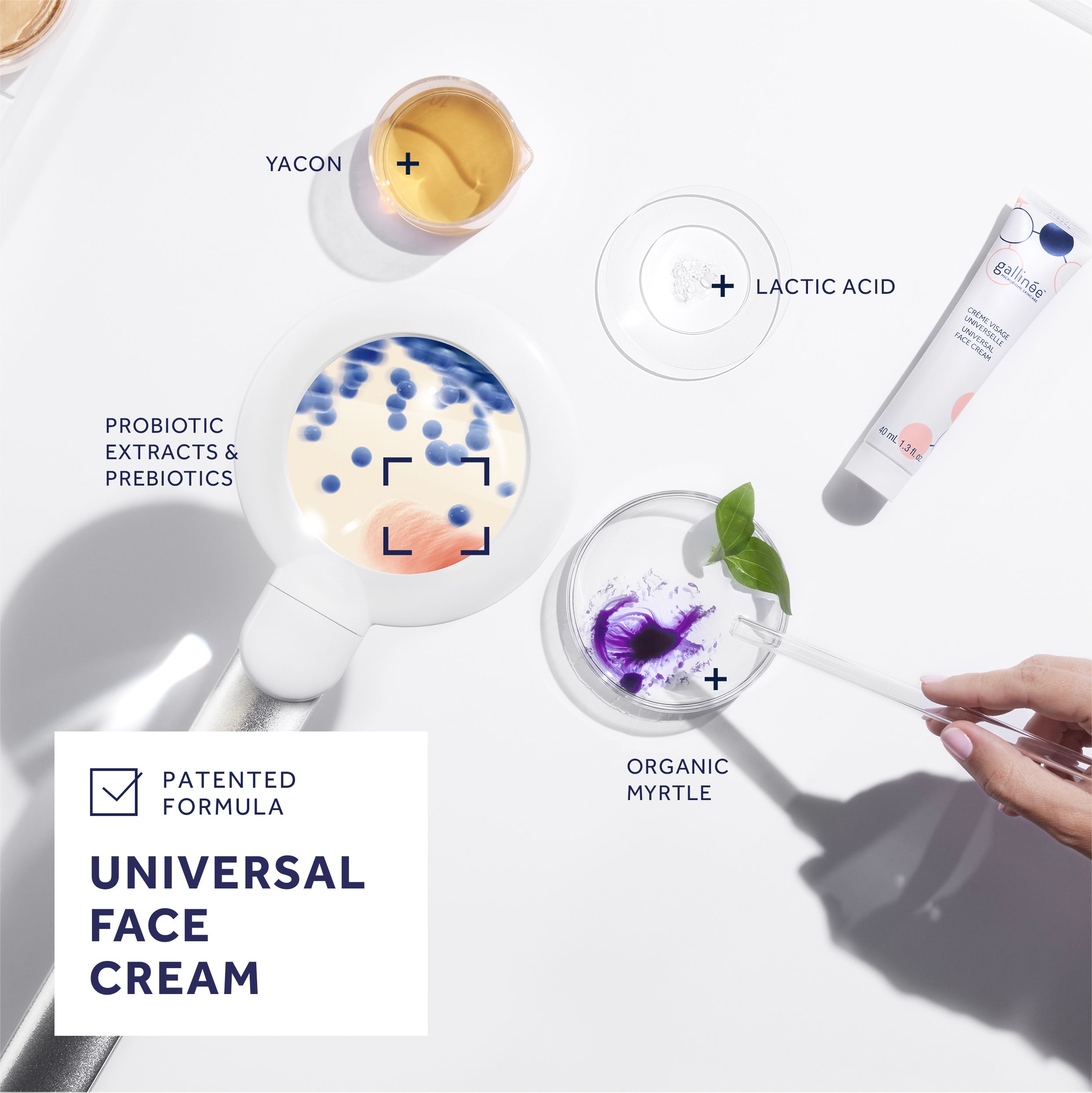 Diverse laboratoriumbenodigdheden. Crèmetube, vergrootglas, bekers. Tekst: Universal Face Cream, Lactic Acid.