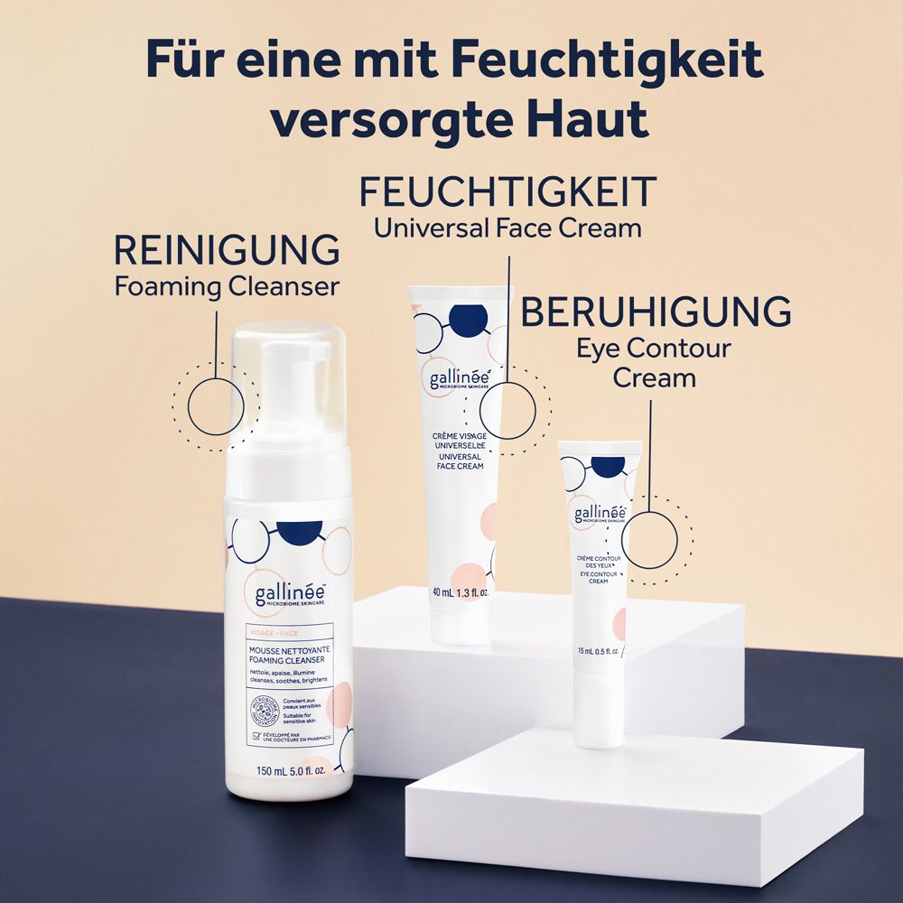Crème visage, contour des yeux et mousse nettoyante Gallinée.
