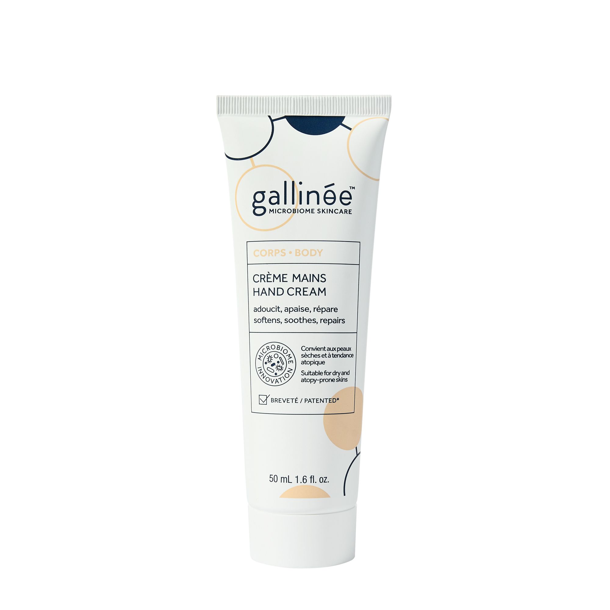Tube blanc de crème pour les mains Gallinée. Texte: Crème Mains, 50 ml. Logo et certifications visibles.