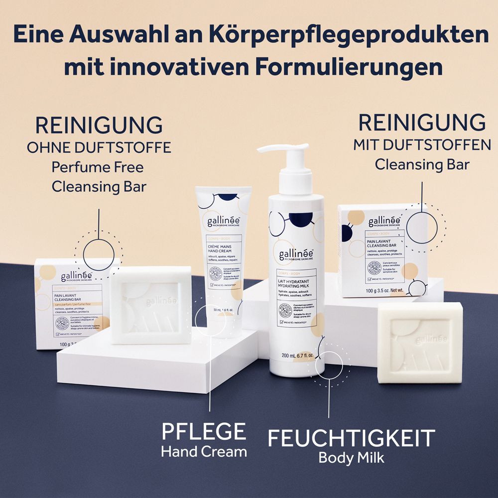 Sélection de produits de soins corporels Gallinée : Crème pour les mains, Lait corporel, Pain nettoyant.