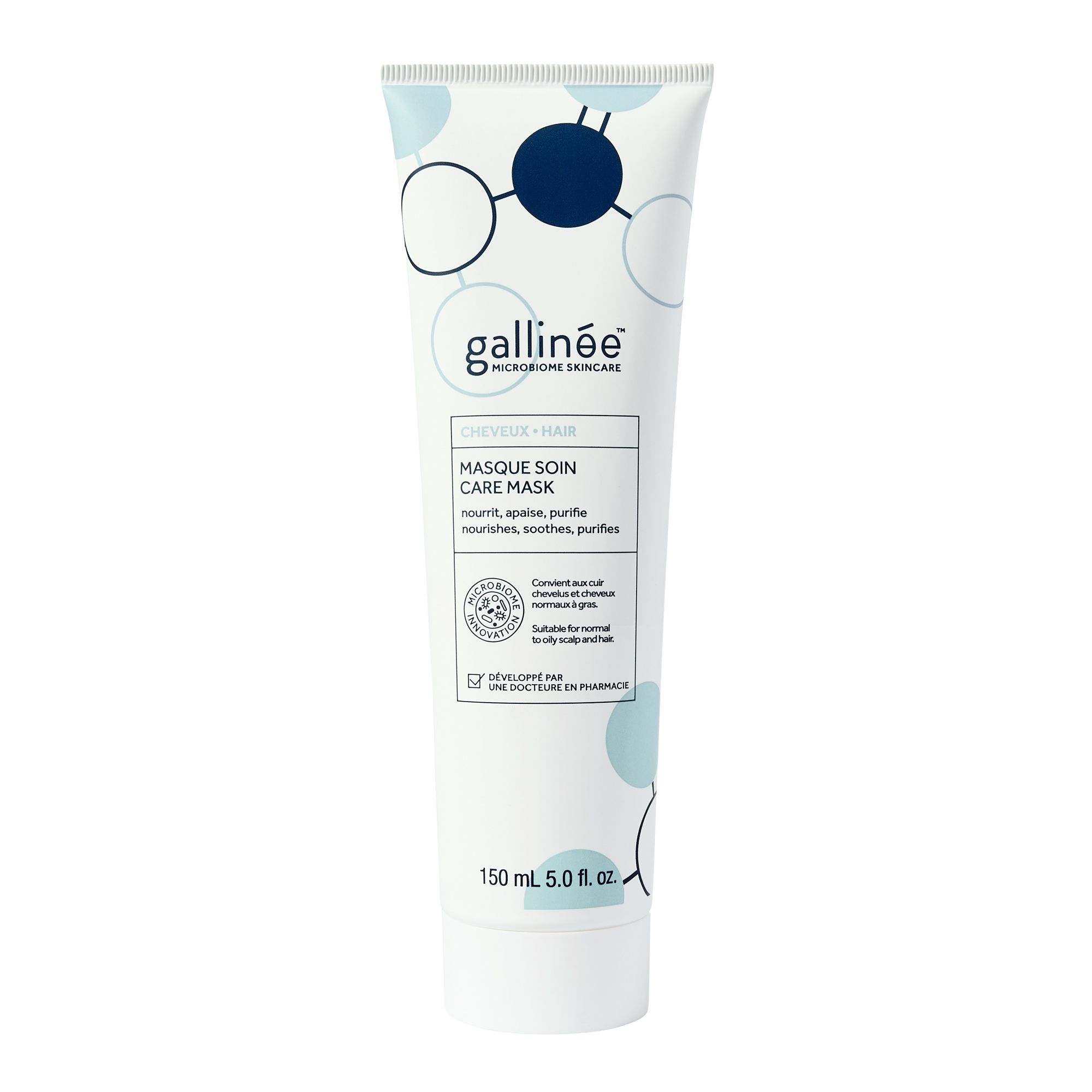 Witte tube met productopdruk. Merk: Gallinée. Tekst: Masque Soin Care Mask. 150 ml.