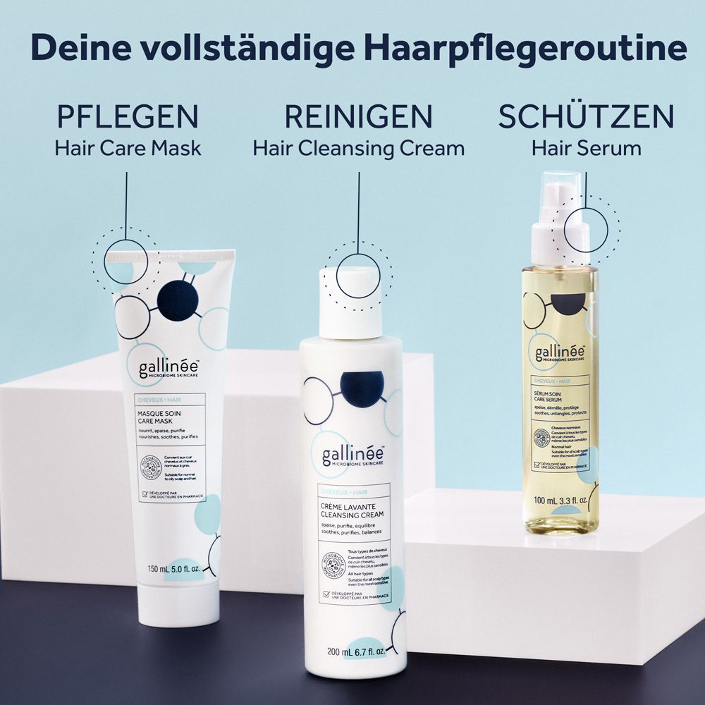 Trois produits de soins capillaires Gallinée : masque capillaire (100 ml), crème nettoyante (200 ml) et sérum capillaire (100 ml) avec étiquettes.