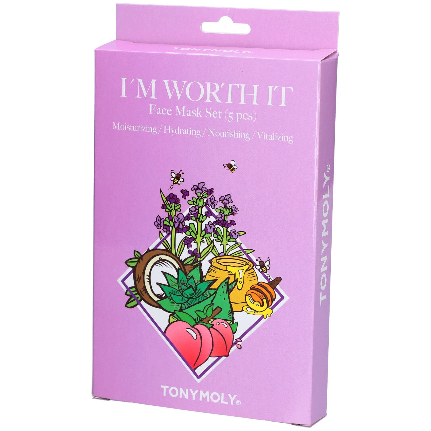 Boîte du TONYMOLY I'm Worth It Face Mask Set. Carton violet avec nom du produit et illustrations d'ingrédients. Marque TONYMOLY.