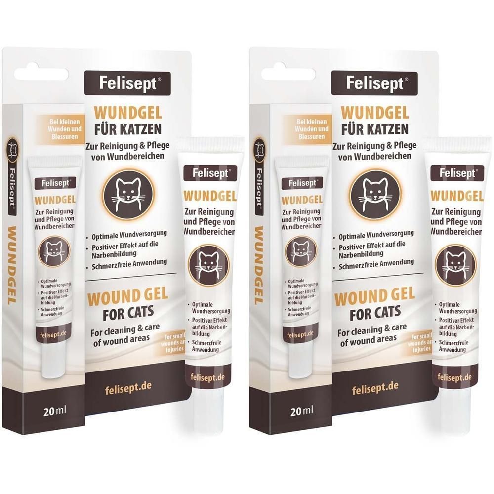 Twee verpakkingen Felisept wondgel voor katten, elk een tube van 20 ml.
