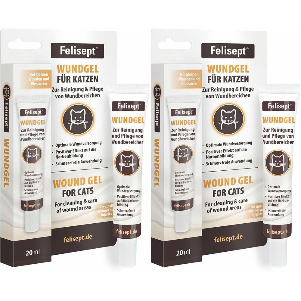 Deux paquets de gel pour plaies Felisept pour chats, chaque tube contient 20 ml.