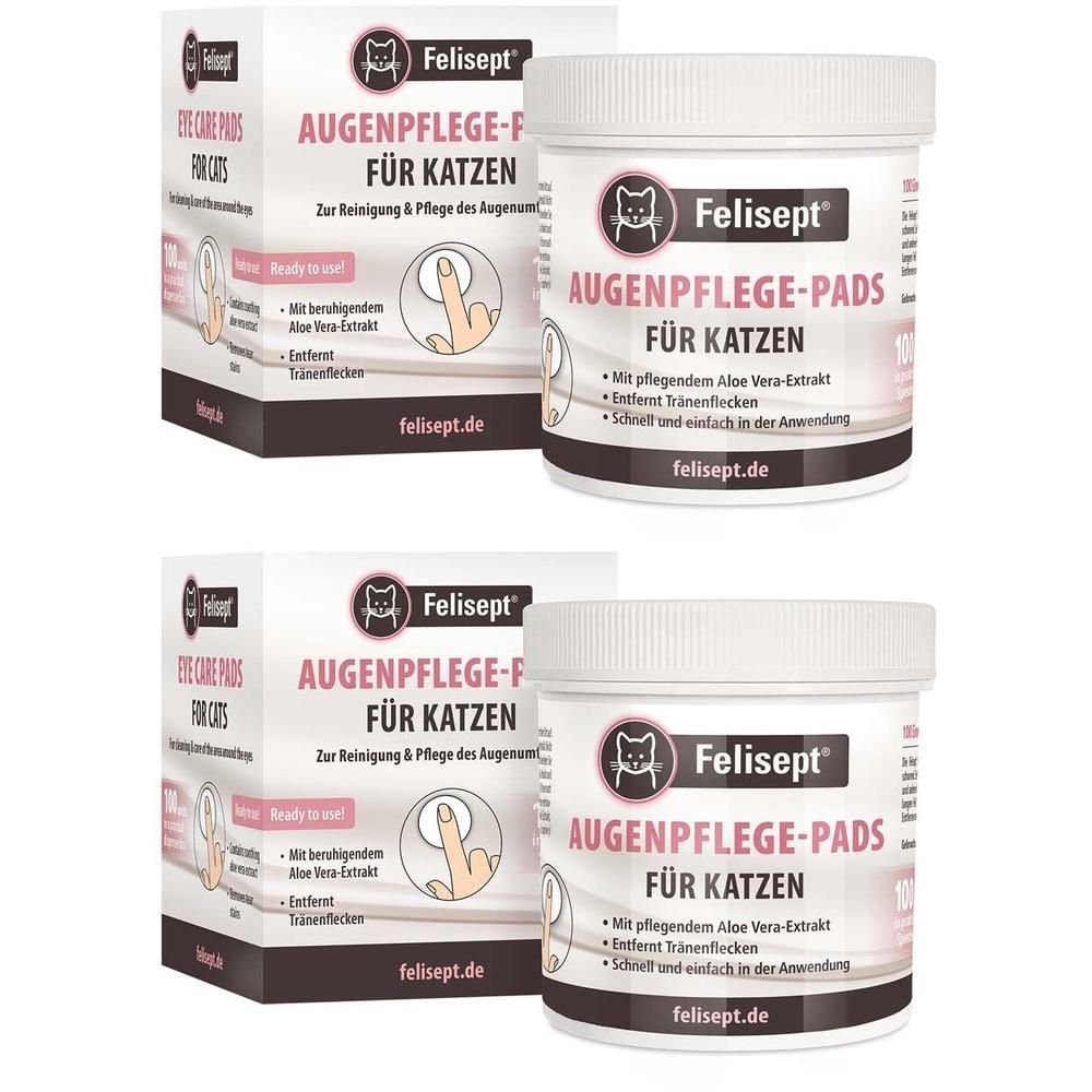 Deux boîtes de Felisept Eye Care Pads pour chats, avec inscription française.