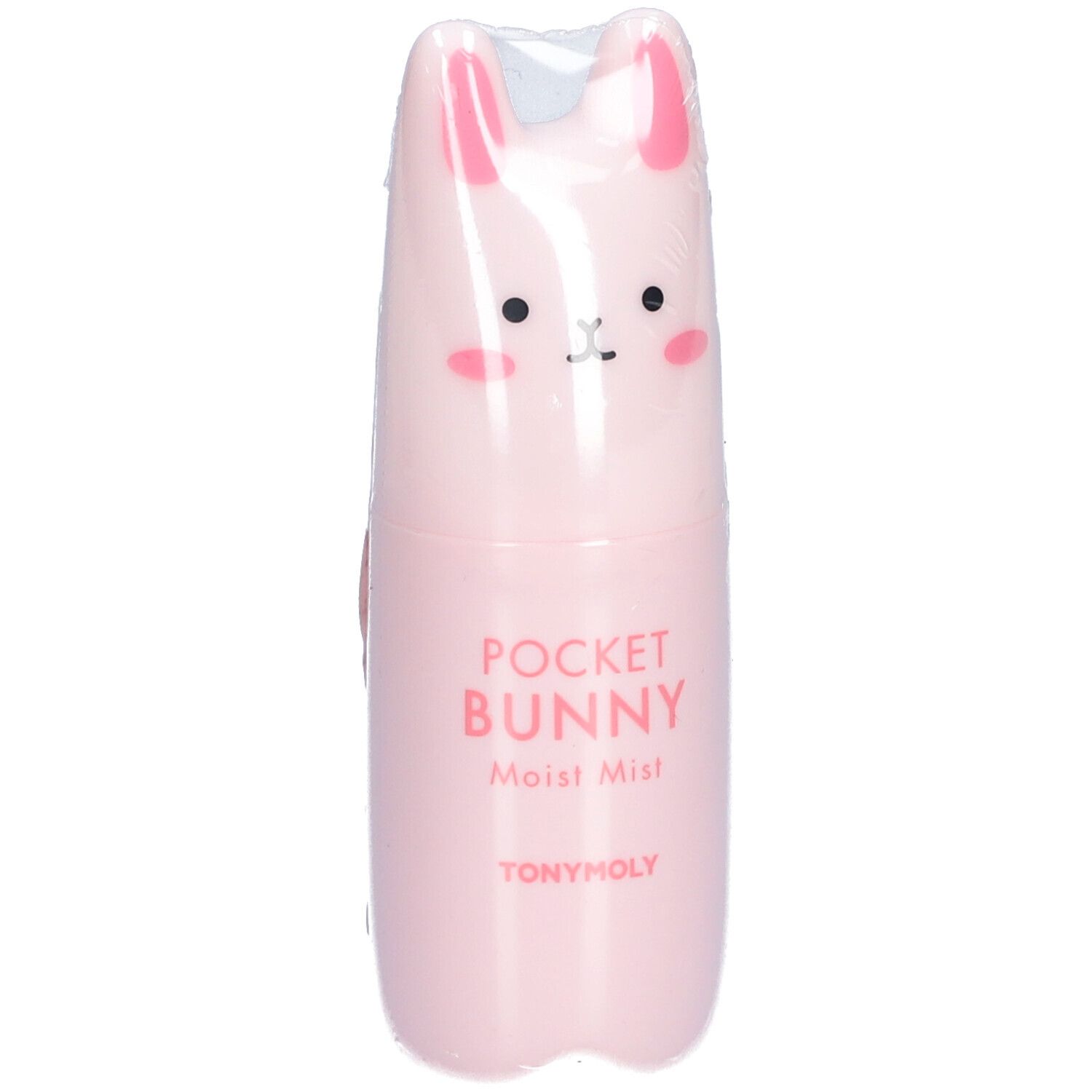 Roze gezichtsspray in konijnvorm. Opschrift: POCKET BUNNY Moist Mist, TONYMOLY. Verpakt in plastic.
