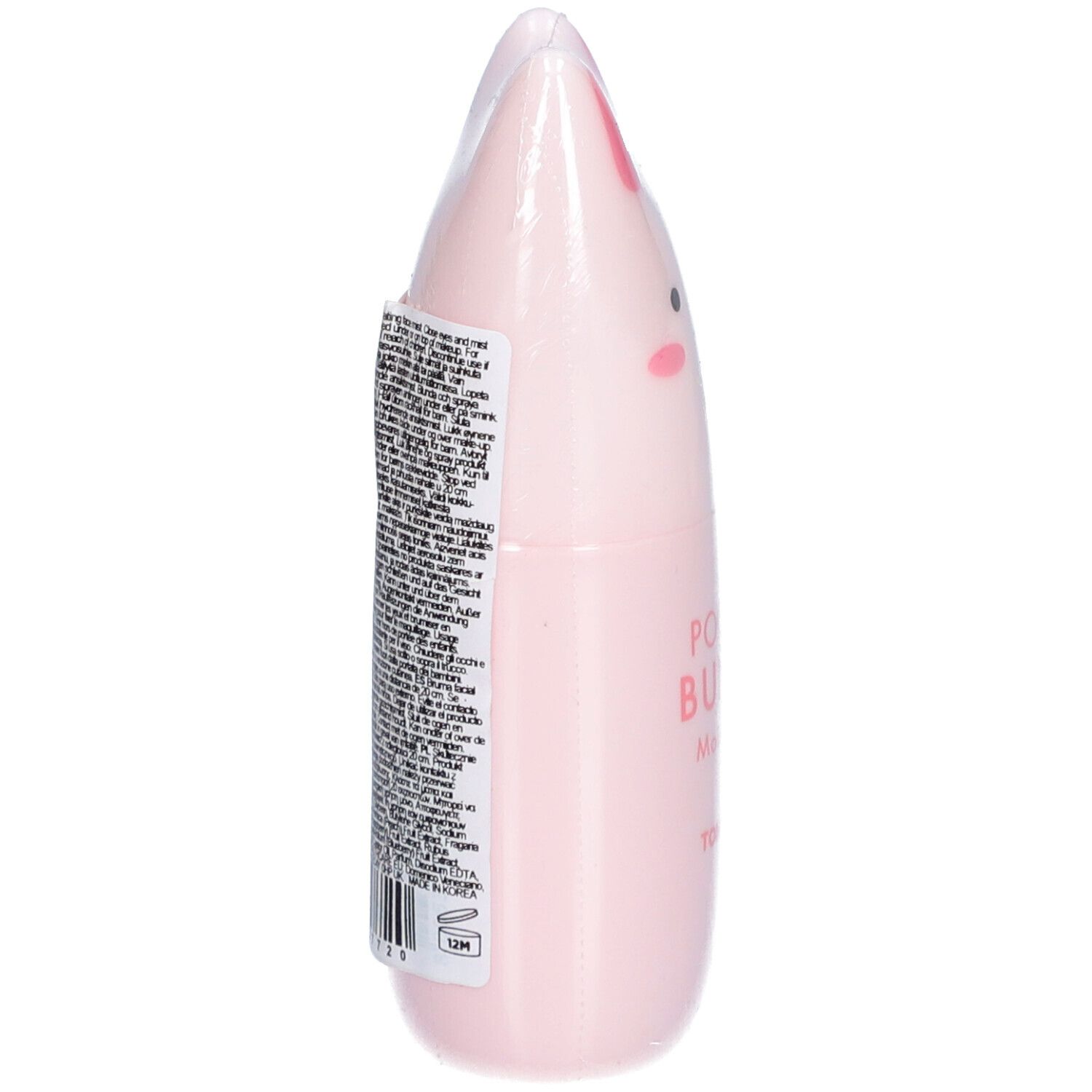 Roze gezichtsspray in konijnvorm. Tekst en barcode op de zijkant. Verpakt in plastic.