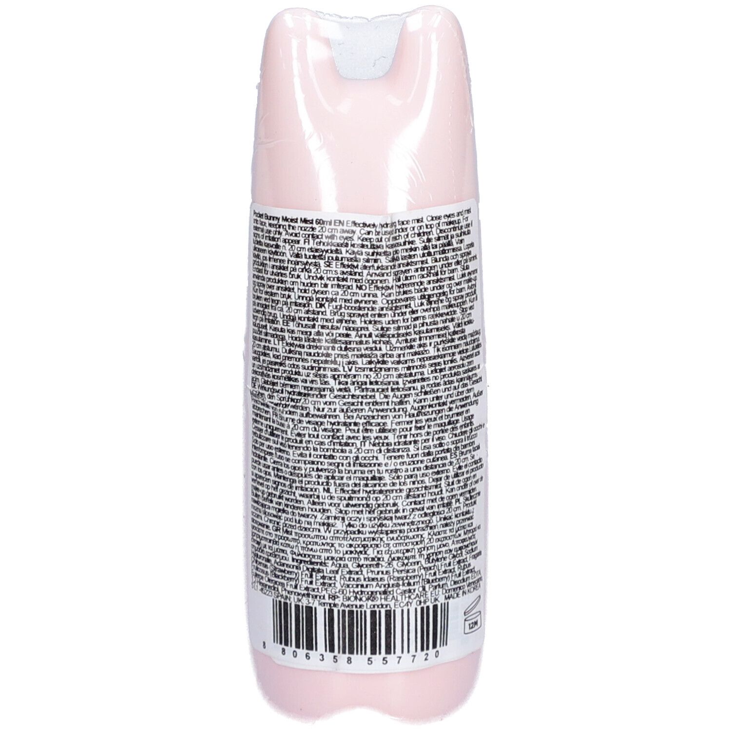 Achterkant van roze gezichtsspray in konijnvorm. Tekst en barcode. Verpakt in plastic.