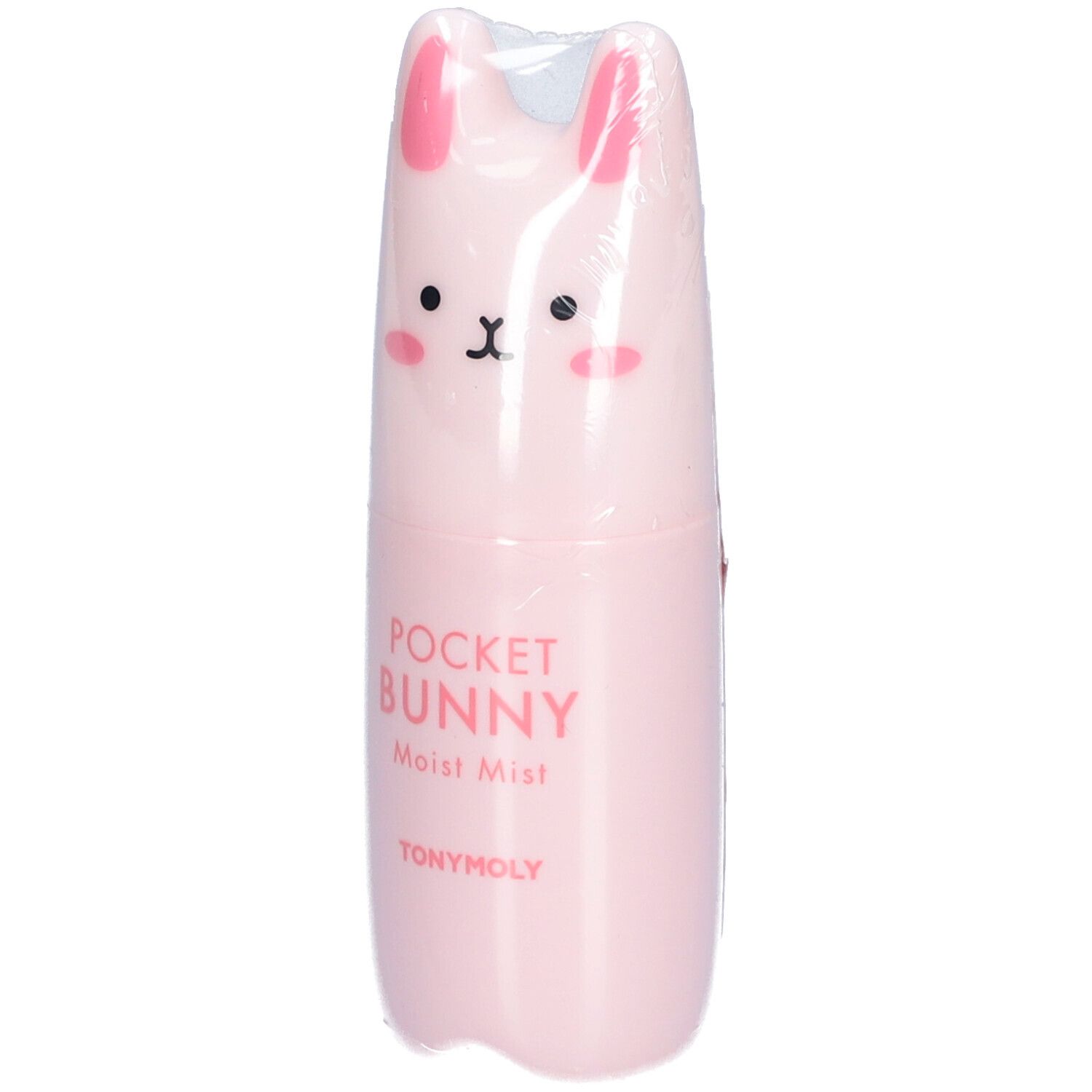 Roze gezichtsspray in konijnvorm. Opschrift: POCKET BUNNY Moist Mist, TONYMOLY. Verpakt in plastic.