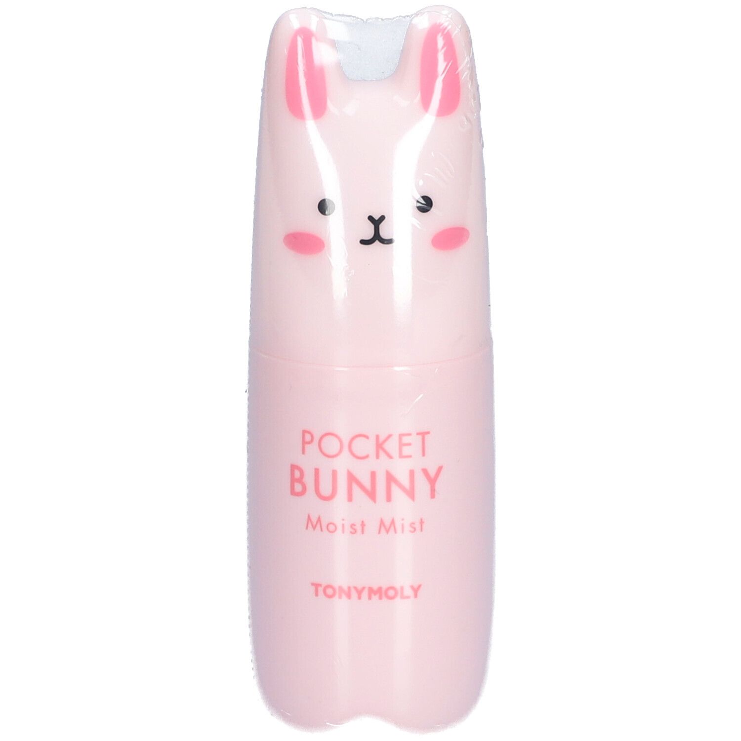 Roze gezichtsspray in konijnvorm. Opschrift: POCKET BUNNY Moist Mist, TONYMOLY. Verpakt in plastic.