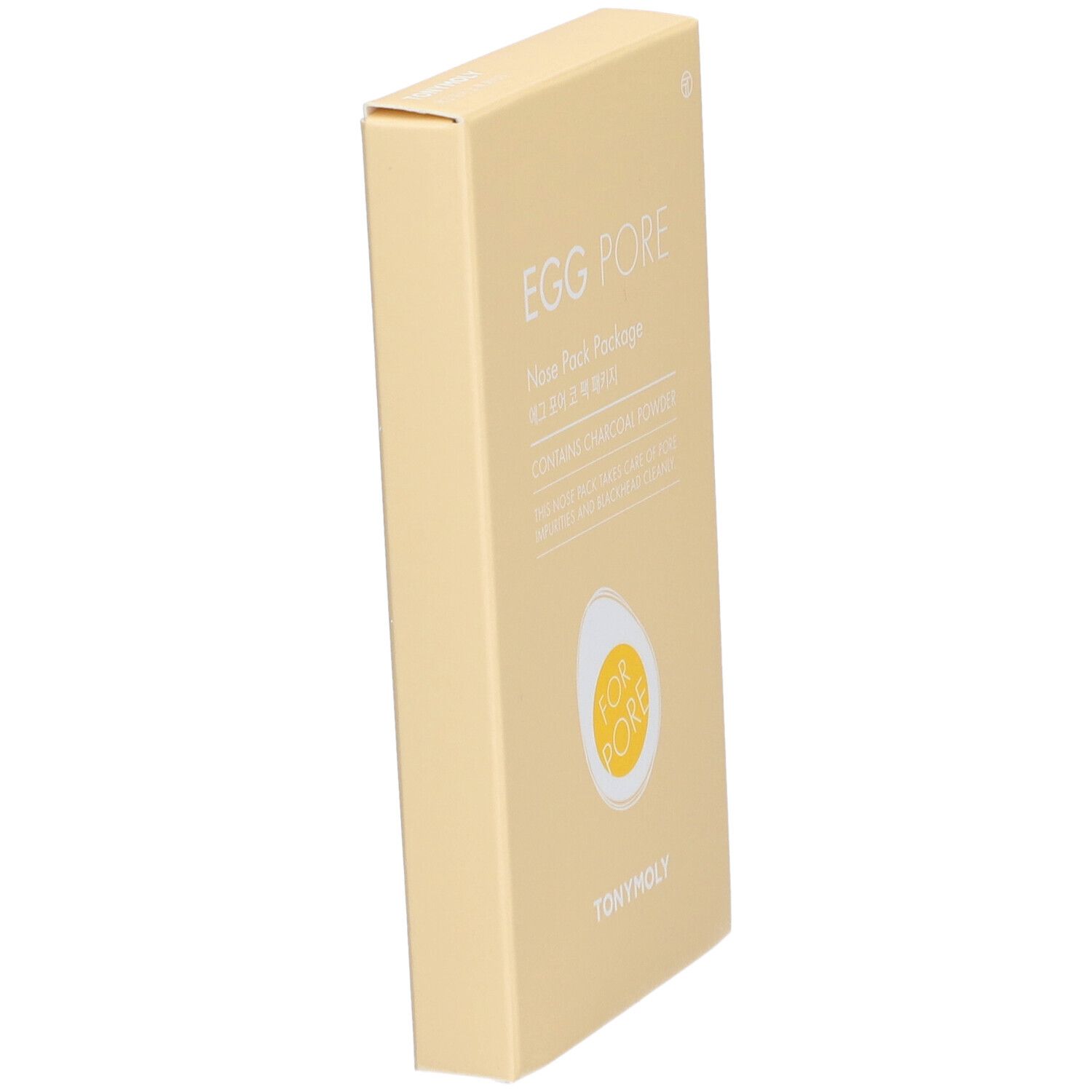 Boîte beige inclinée 'EGG PORE' de TONYMOLY. Contient de la poudre de charbon. Illustration d'œuf avec 'FOR PORE'.