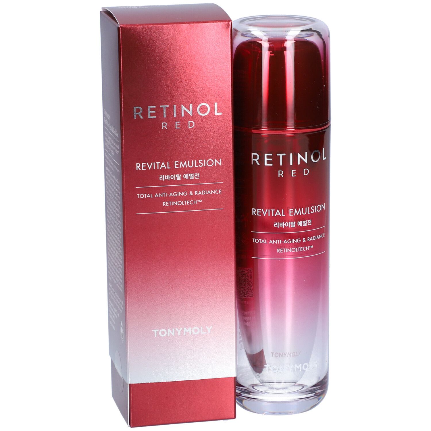 Flacon et boîte rouges. Inscription : RETINOL RED, REVITAL EMULSION, TONYMOLY. Dégradé de rouge à transparent.