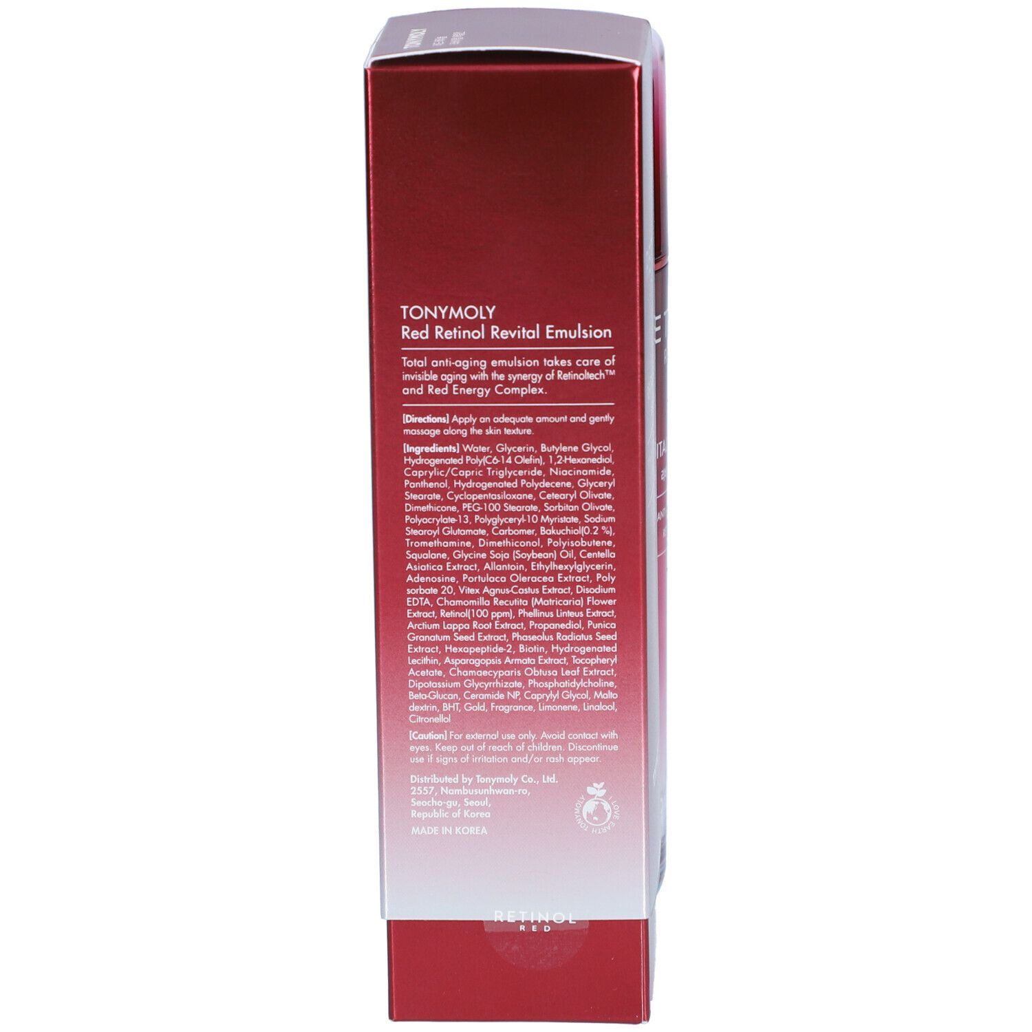 Boîte rouge avec texte. Inscription : TONYMOLY Red Retinol Revital Emulsion. Liste des ingrédients et informations produit.