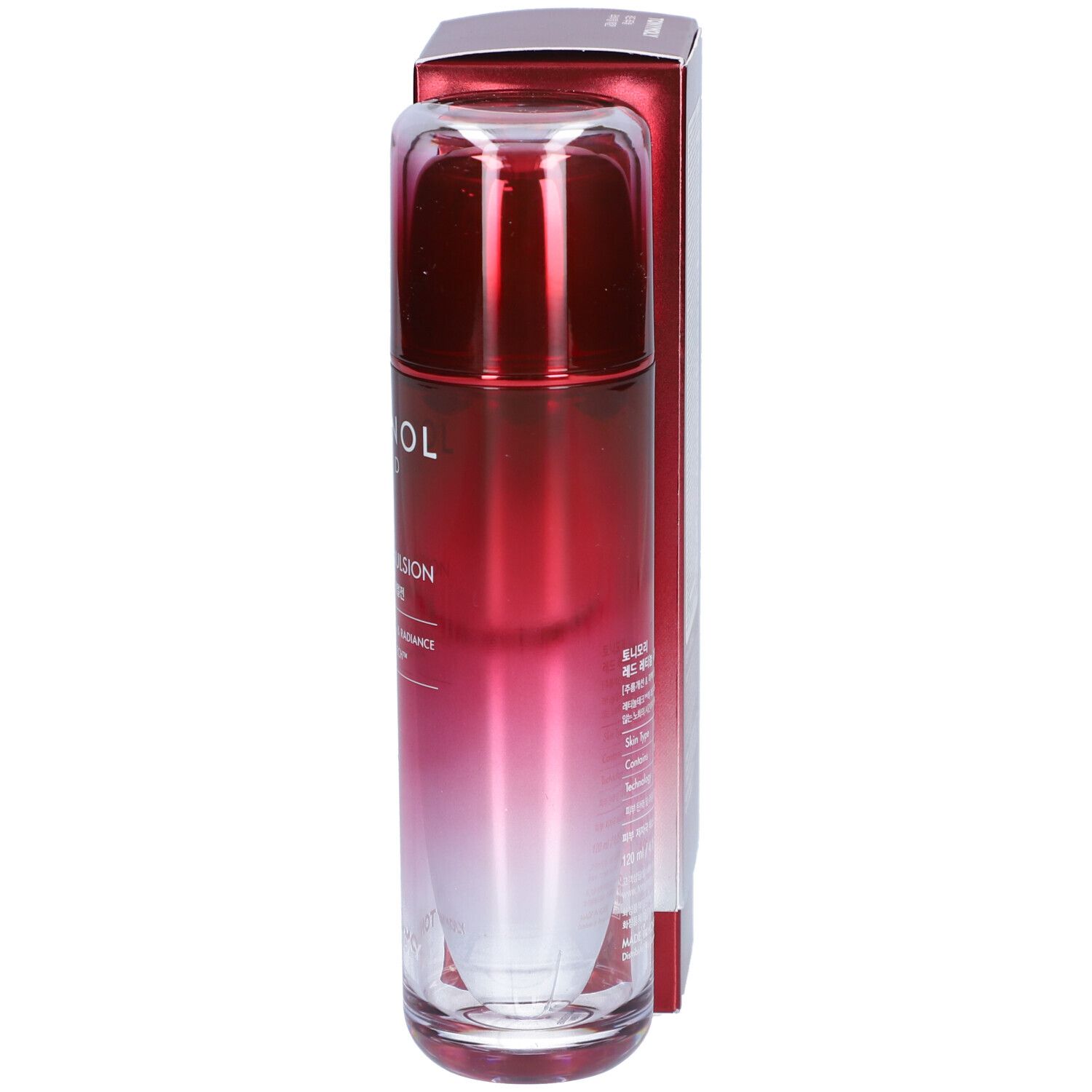 Flacon et boîte rouges. Inscription : RETINOL RED, REVITAL EMULSION, TONYMOLY. Dégradé de rouge à transparent.