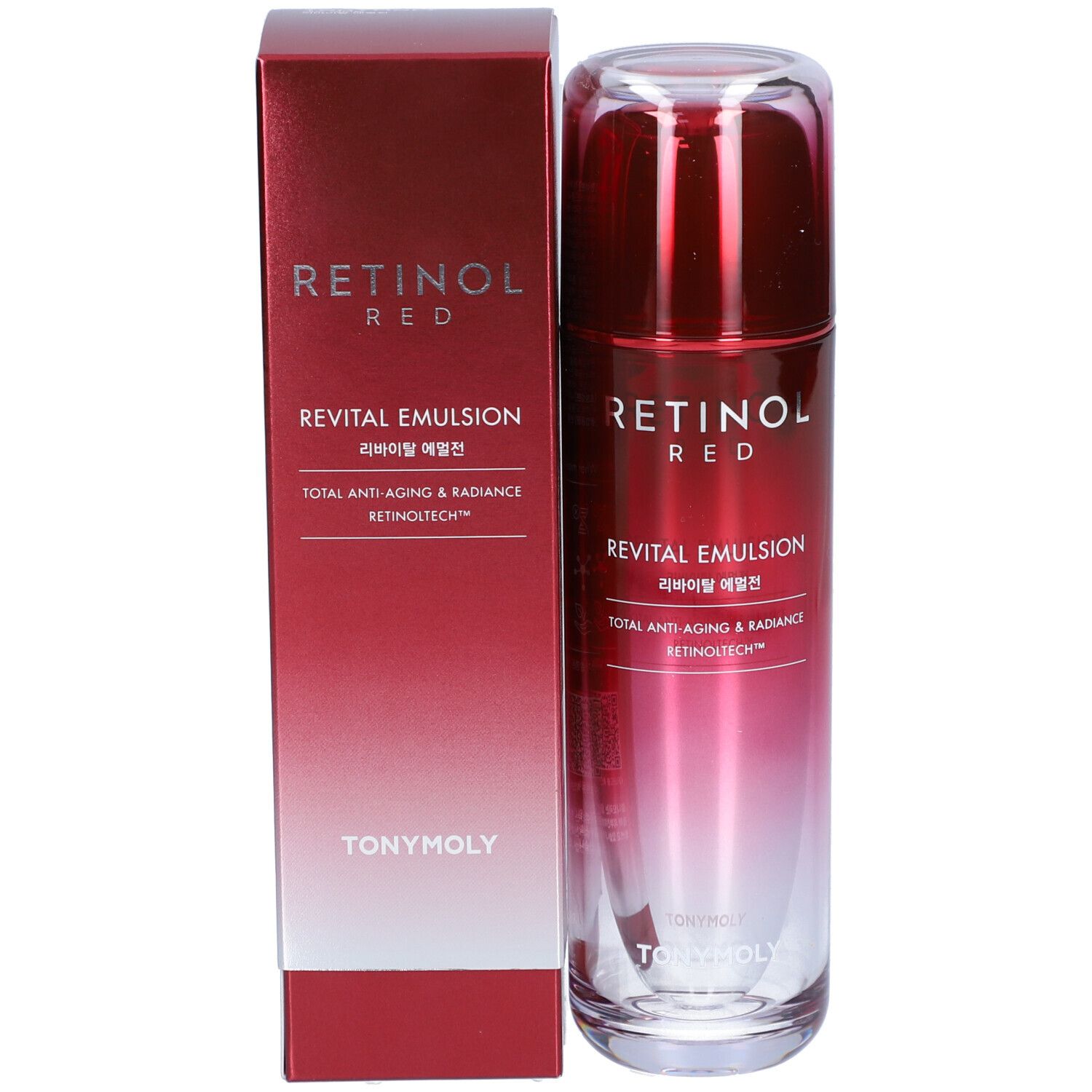 Flacon et boîte rouges. Inscription : RETINOL RED, REVITAL EMULSION, TONYMOLY. Dégradé de rouge à transparent.