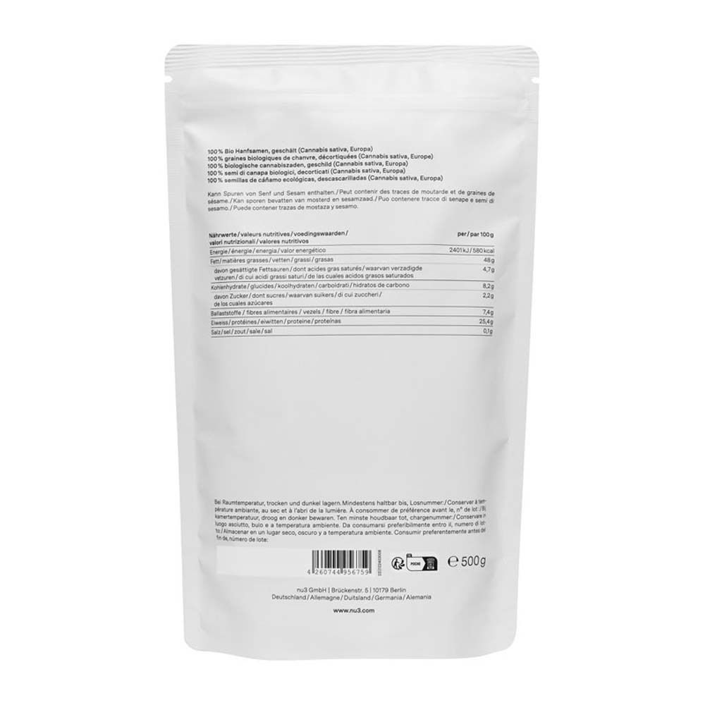 Dos du paquet avec informations nutritionnelles et ingrédients. Texte en plusieurs langues. Code EAN et date de péremption.