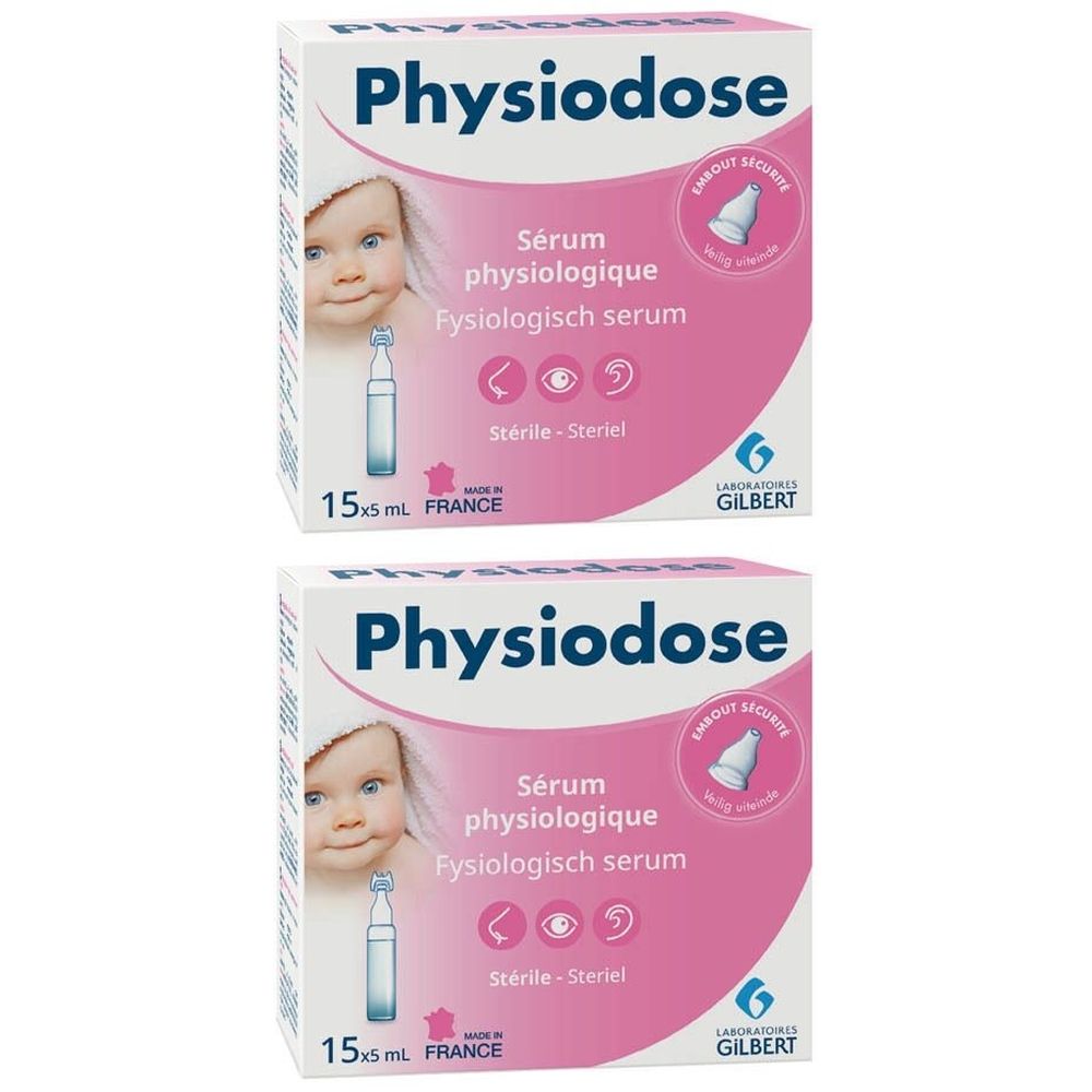Deux boîtes de Physiodose. Inscription : Sérum physiologique. Image d'un bébé et d'une ampoule. 15x5 ml, France. Logo Gilbert.