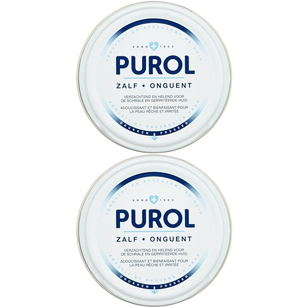Twee ronde potten met witte deksel. Opschrift PUROL, Zalf Onguent. Tekst in blauw.