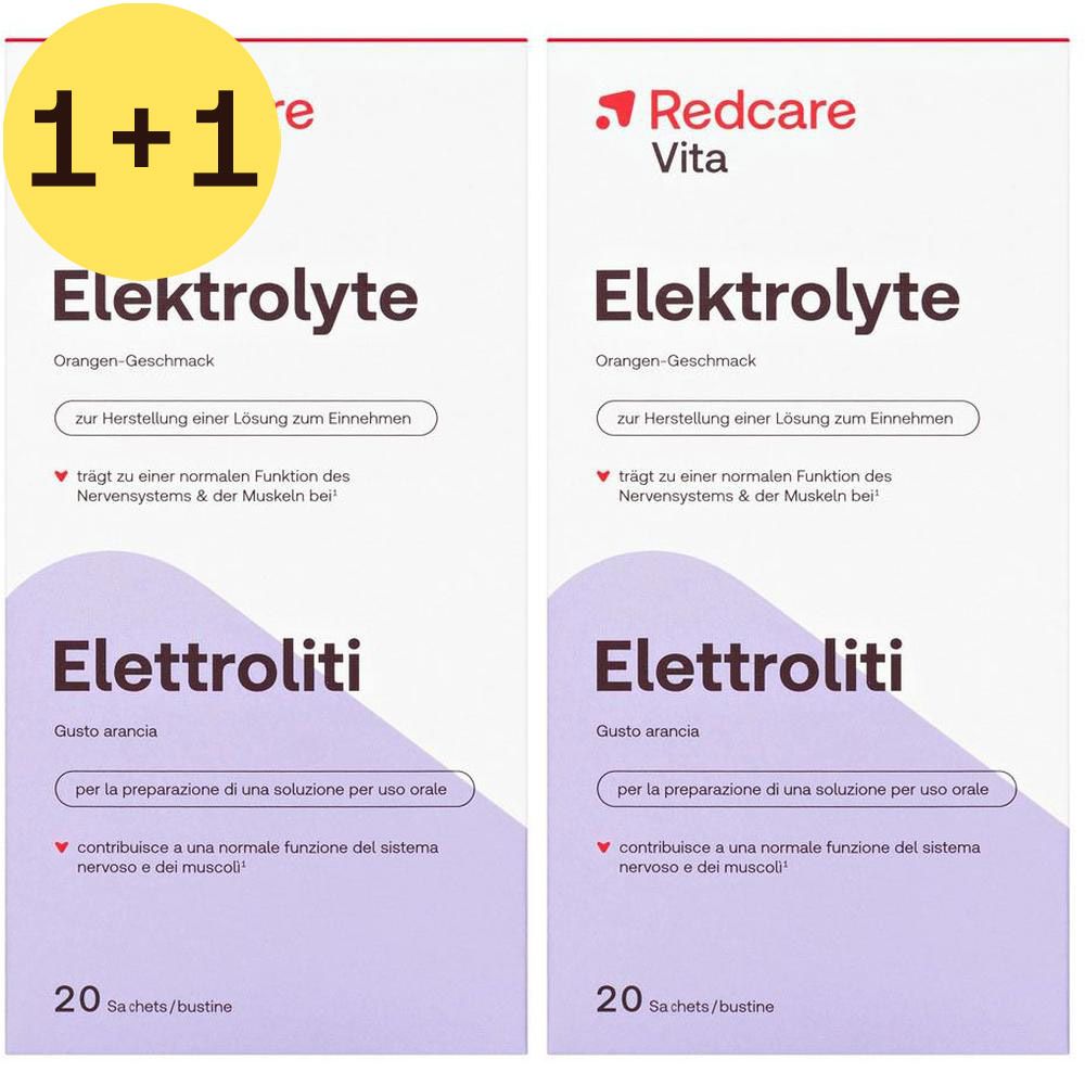 Verpakking met elektrolytenpoeder. Merk Redcare Vita. 20 sachets. Tekst: Elektrolyten, sinaasappelsmaak. Voor orale oplossing.