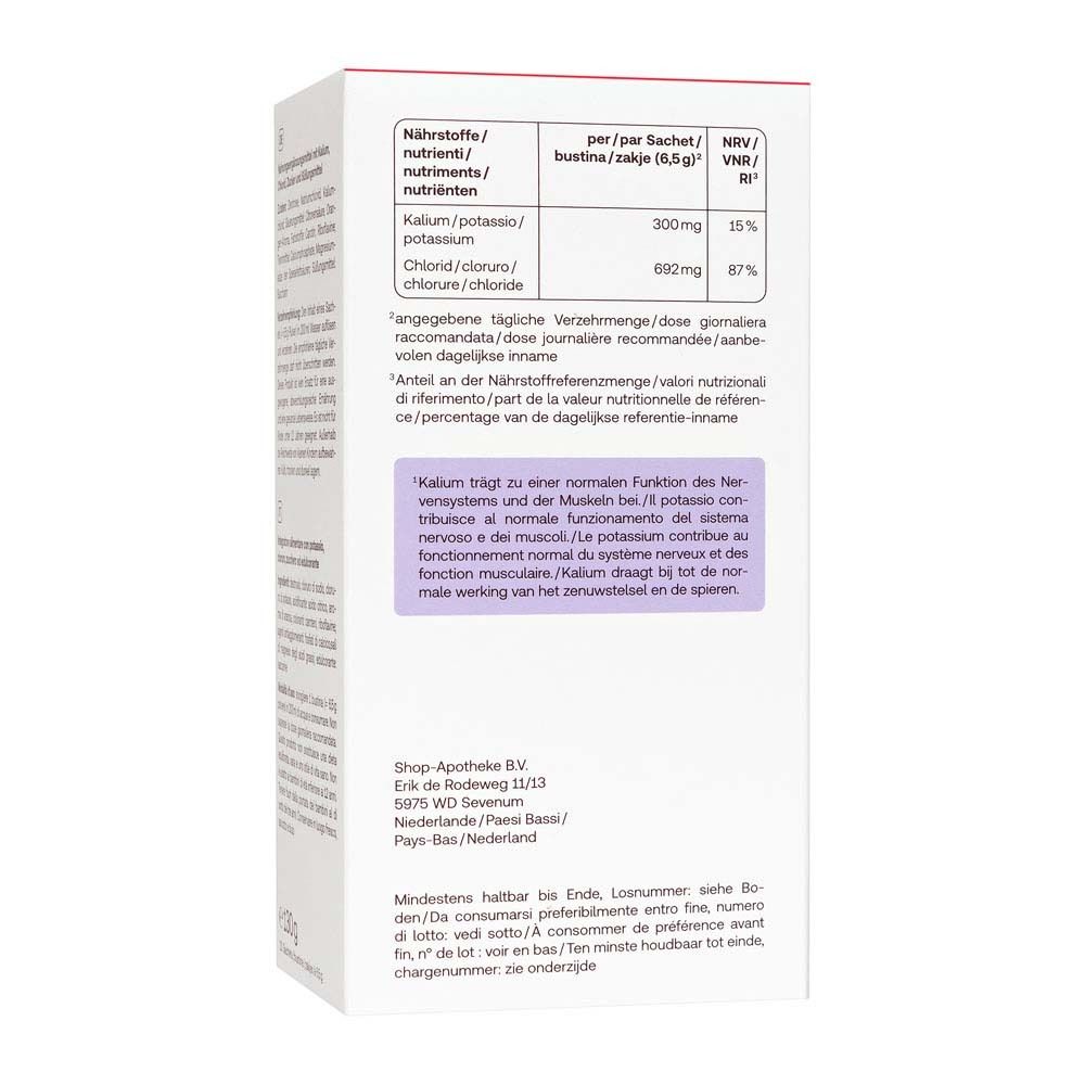 Dos de l'emballage d'électrolytes. Texte en allemand et italien. Informations nutritionnelles, ingrédients, fabricant.