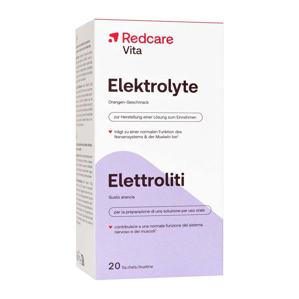 Boîte de poudre d'électrolytes Redcare Vita. 20 sachets. Texte : Électrolytes, goût orange. Pour une solution buvable.