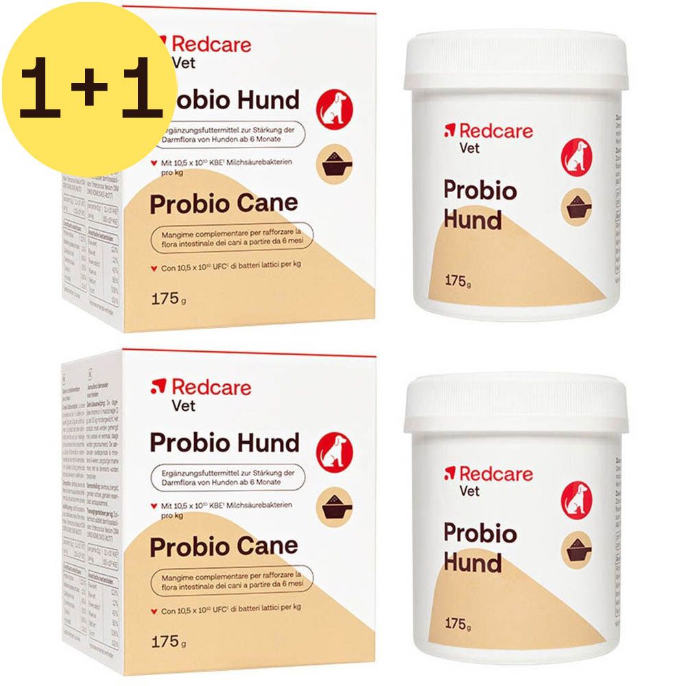 Twee dozen en potten Redcare Vet Probio Hund. Opschrift: Probio Hund, Probio Cane, 175g. Gele sticker: 1+1.