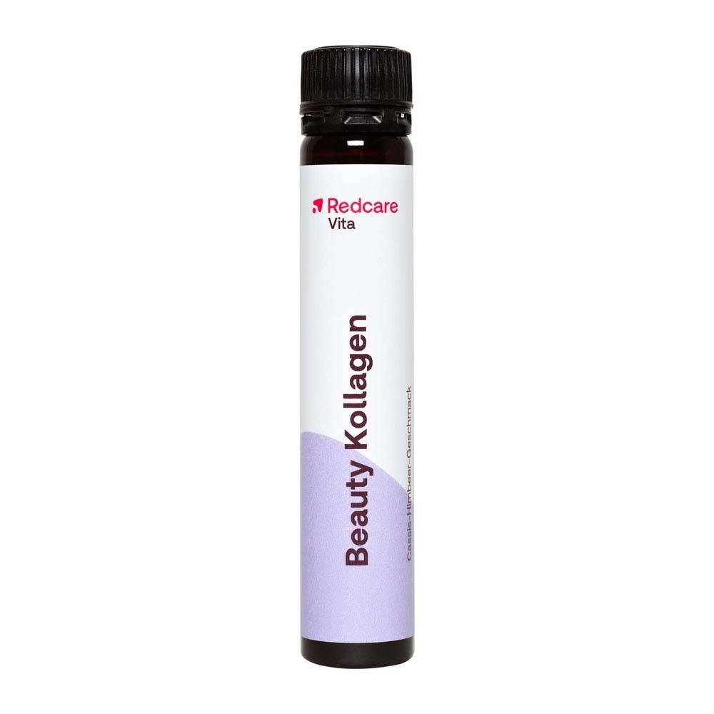 Een enkele Redcare Beauty Collageen drinkampul met zwarte schroefdop.
