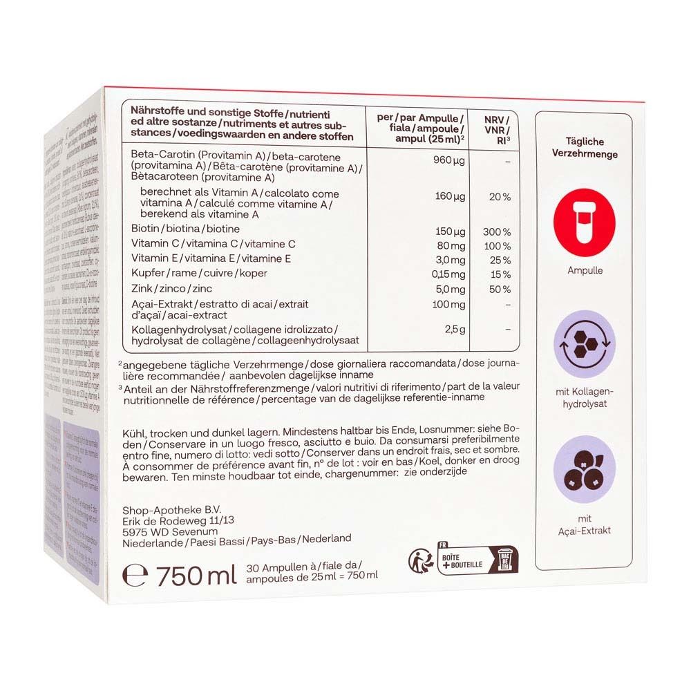 Emballage de Redcare Beauty Kollagen. Inscription : Beauty Kollagen, 30 ampoules à boire.